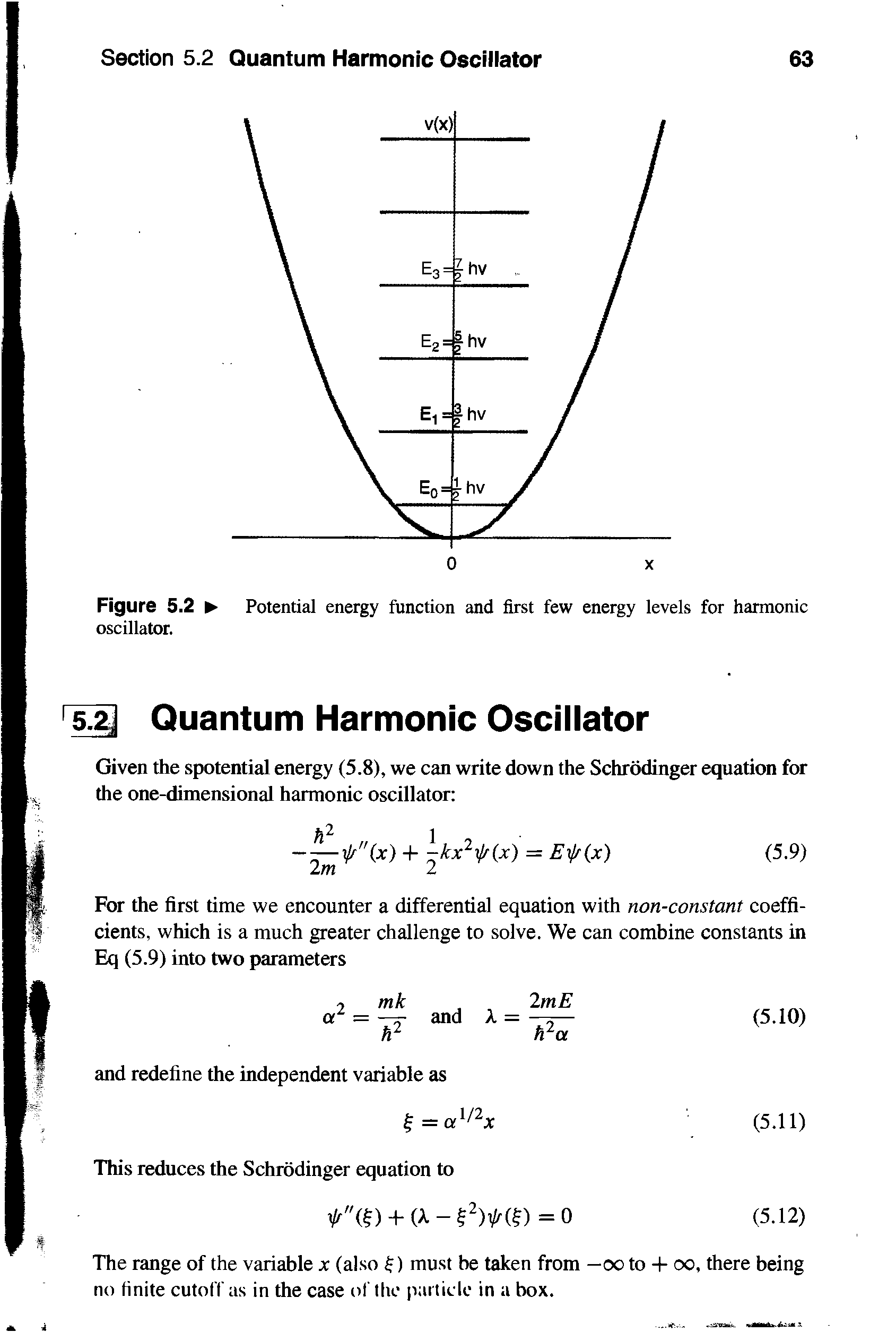 Figure 5.2 Potential energy function and first few energy levels for harmonic oscillator.