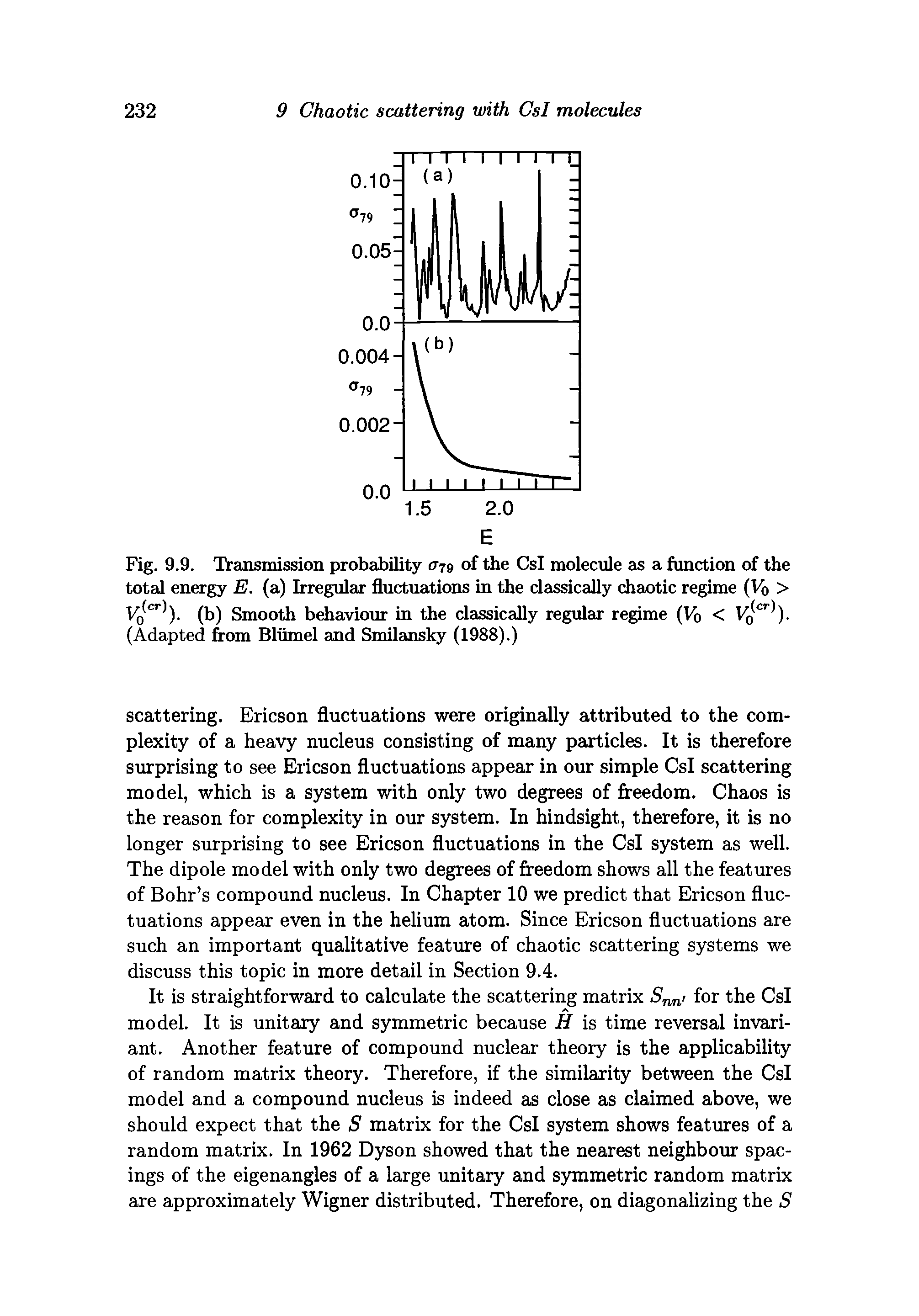 Fig. 9.9. Transmission probability (T79 of the Csl molecule as a function of the total energy E. (a) Irregular fluctuations in the classically chaotic regime (Vb > (b) Smooth behaviour in the classically regular regime (Vb (Adapted from Bliimel and Smilansky (1988).)...