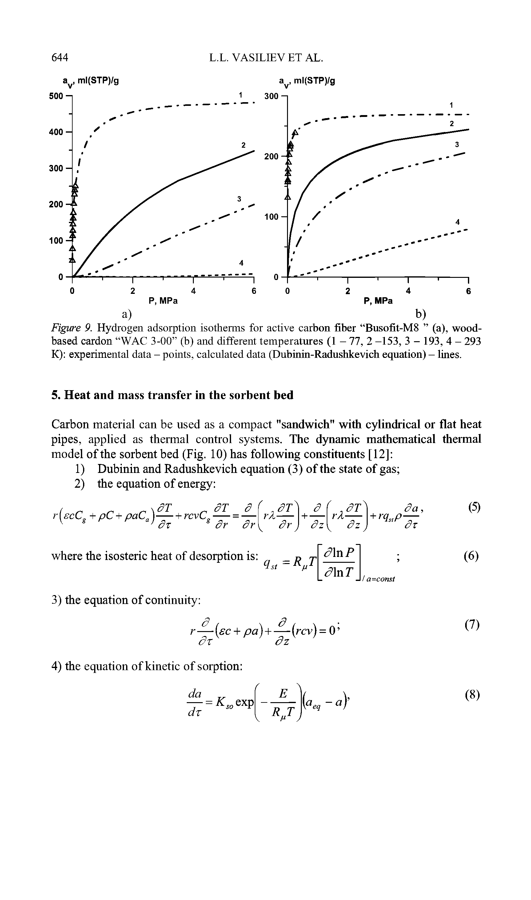 Figure 9. Hydrogen adsorption isotherms for active carbon fiber Busofit-M8 (a), wood-based cardon WAC 3-00 (b) and different temperatures (1 - 77, 2 -153, 3 - 193, 4 - 293 K) experimental data - points, calculated data (Dubinin-Radushkevich equation) - lines.