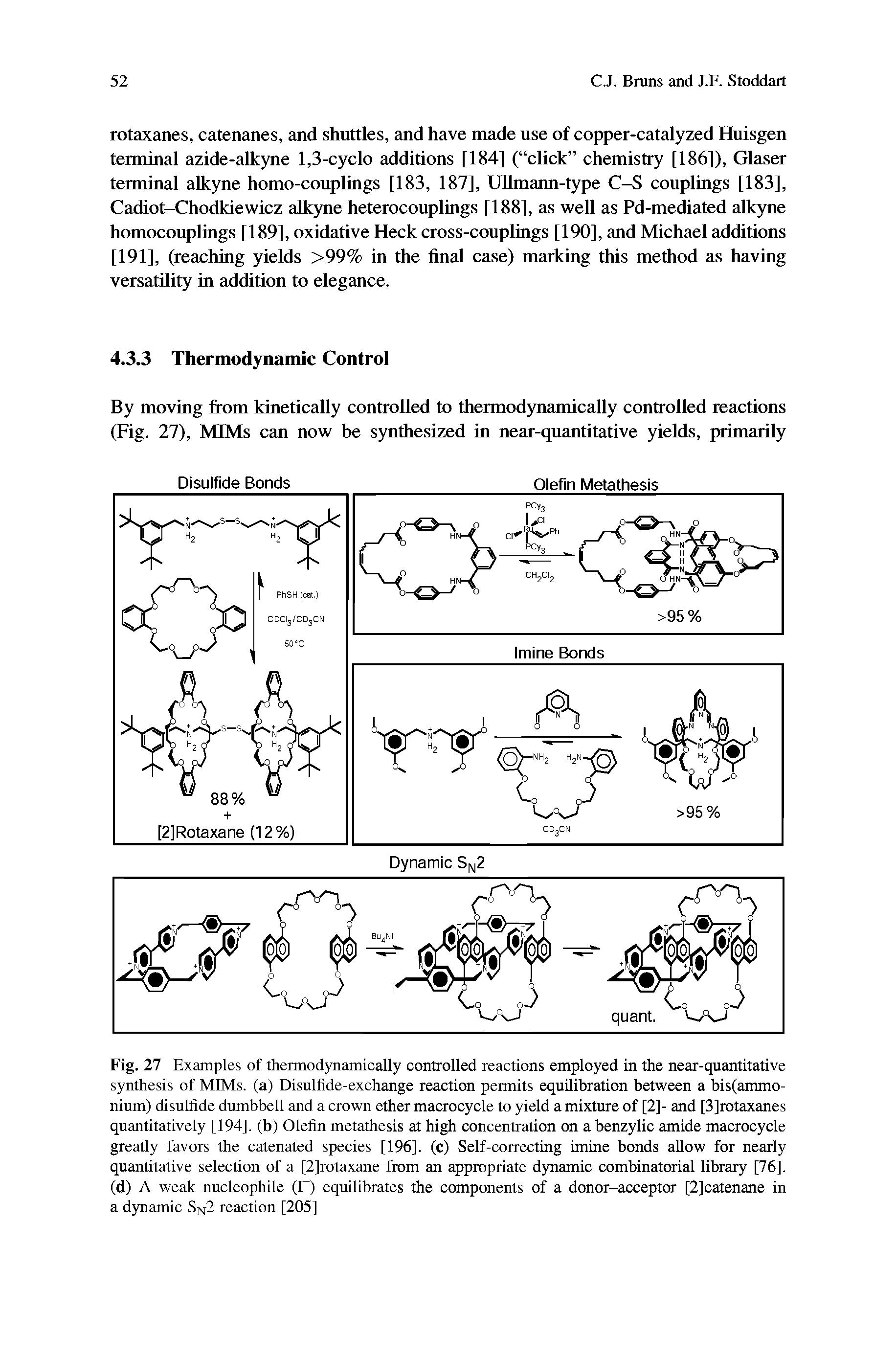 Fig. 27 Examples of thermodynamically controlled reactions employed in the near-quantitative synthesis of MIMs. (a) Disulfide-exchange reaction permits equilibration between a bis(ammo-nium) disulfide dumbbell and a crown ether macrocycle to yield a mixture of [2]- and [3]rotaxanes quantitatively [194], (b) Olefin metathesis at high concentration on a benzylic amide macrocycle greatly favors the catenated species [196]. (c) Self-correcting imine bonds allow for nearly quantitative selection of a [2]rotaxane from an appropriate dynamic combinatorial library [76], (d) A weak nucleophile (E) equilibrates the components of a donor-acceptor [2]catenane in a dynamic Sn2 reaction [205]...