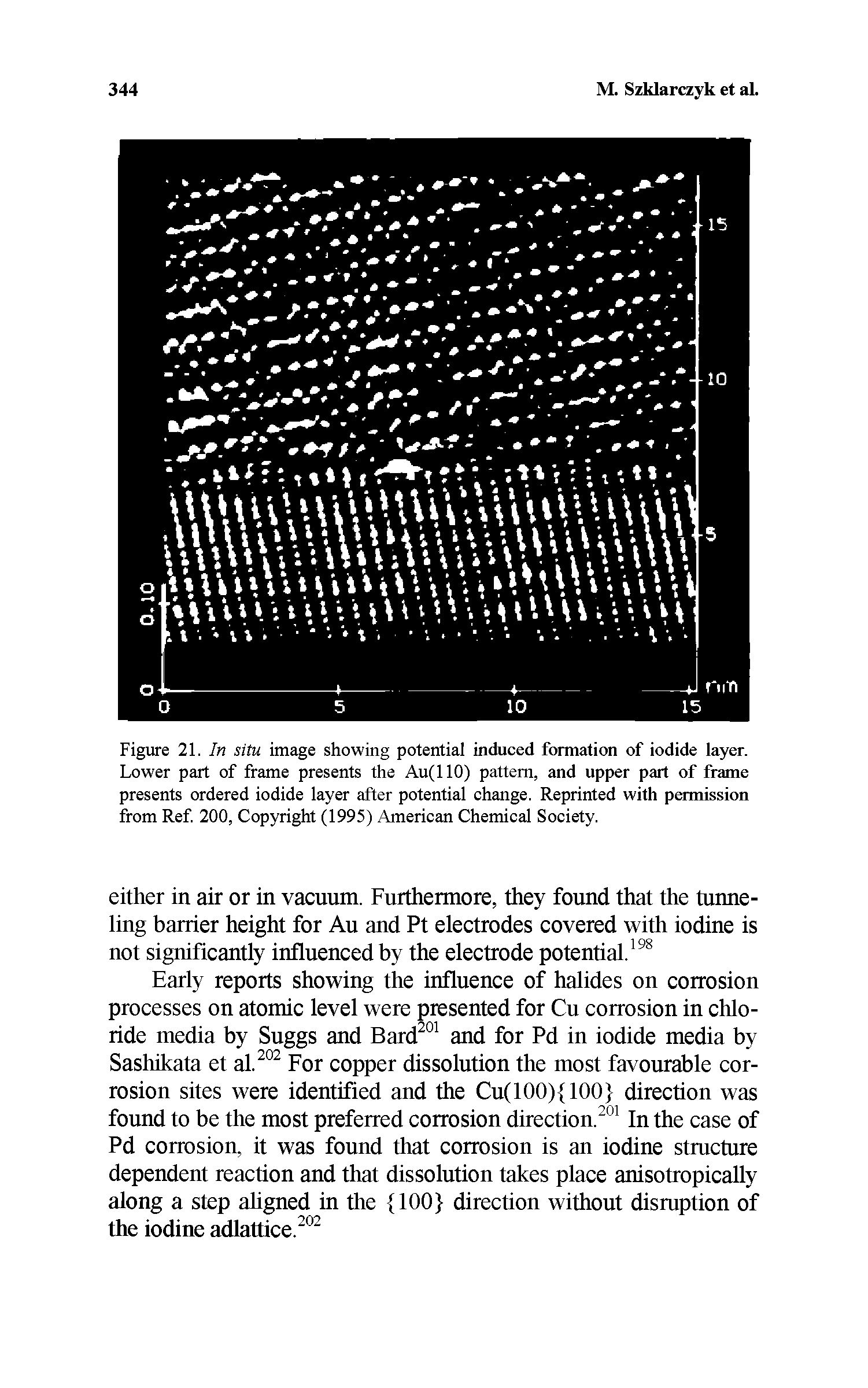 Figure 21. In situ image showing potential induced formation of iodide layer. Lower part of frame presents the Au(llO) pattern, and upper part of frame presents ordered iodide layer alter potential change. Reprinted with permission from Ref. 200, Copyright (1995) American Chemical Society.