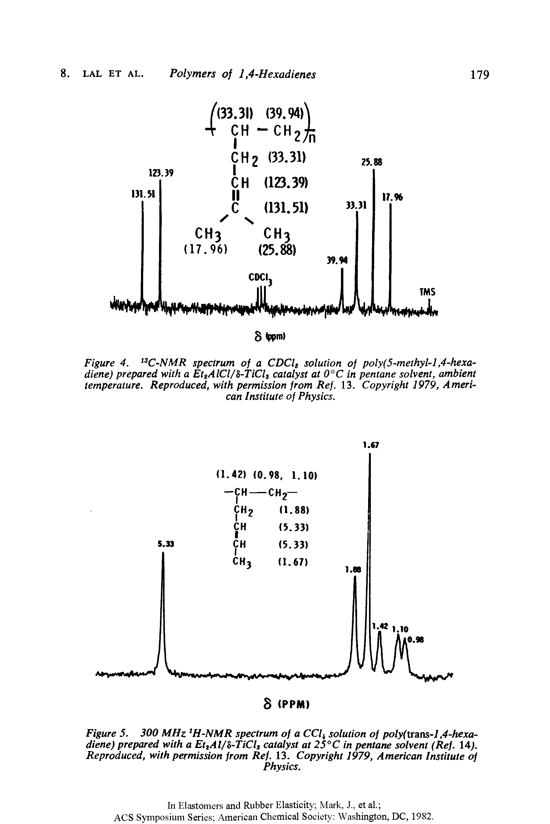 Figure 4. 13C-NMR spectrum of a CDCls solution of poly(5-methyl-1,4-hexa-diene) prepared with a EtgAlCl/S-TiCl, catalyst at 0°C in pentane solvent, ambient temperature. Reproduced, with permission from Ref. 13, Copyright 1979, American Institute of Physics.