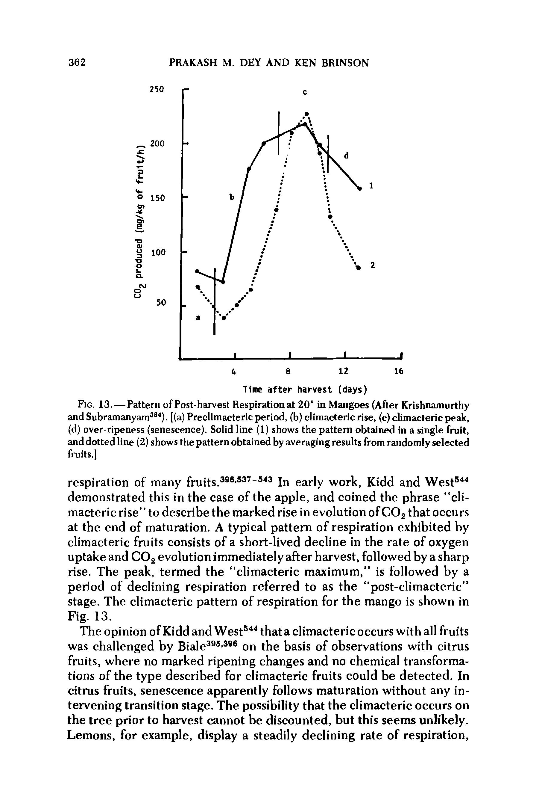 Fig. 13.—Pattern of Post-harvest Respiration at 20 in Mangoes (After Krishnamurthy and Subramanyam384). [(a) Preclimacteric period, (b) climacteric rise, (c) climacteric peak, (d) over-ripeness (senescence). Solid line (1) shows the pattern obtained in a single fruit, and dotted line (2) shows the pattern obtained by averaging results from randomly selected fruits.]...