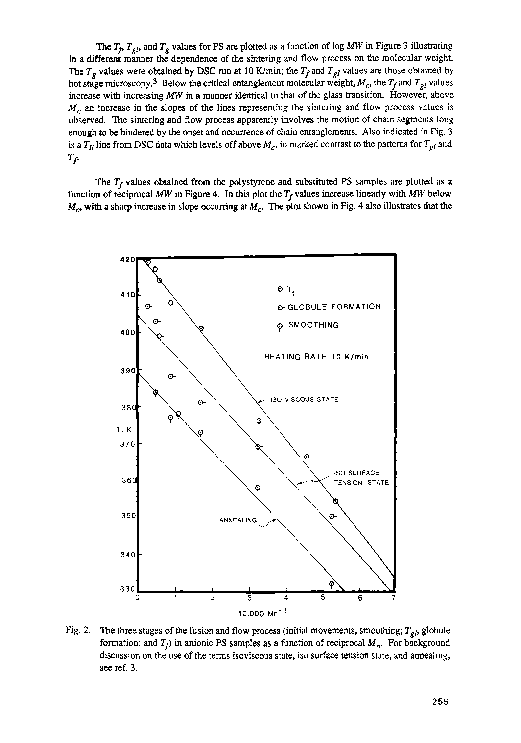 Fig. 2. The three stages of the fusion and flow process (initial movements, smoothing Tgi, globule formation and TJ) in anionic PS samples as a function of reciprocal M . For background discussion on the use of the terms isoviscous state, iso surface tension state, and annealing, see ref. 3.