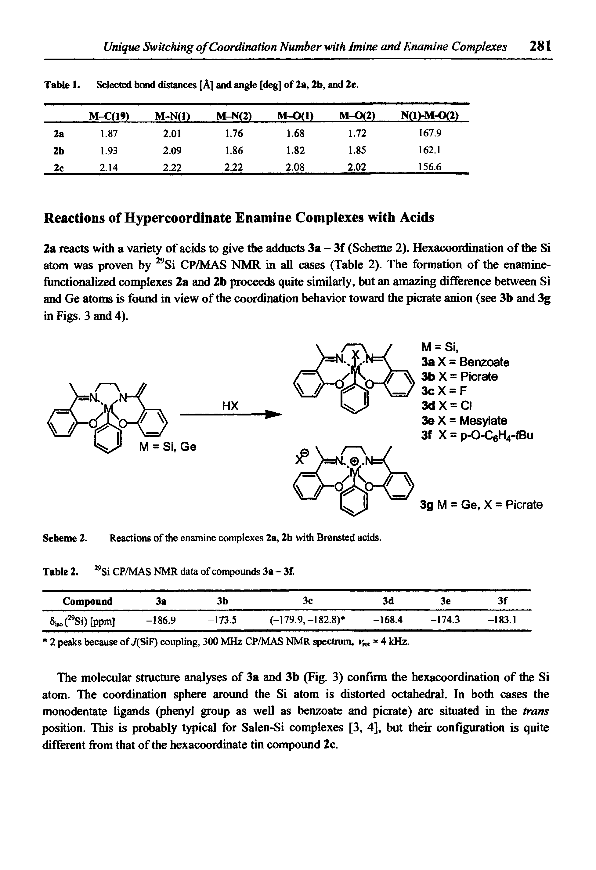 Scheme 2. Reactions of the enamine complexes 2a, 2b with Brensted acids. Table 2. Si CP/MAS NMR data of compounds 3a - 3f.