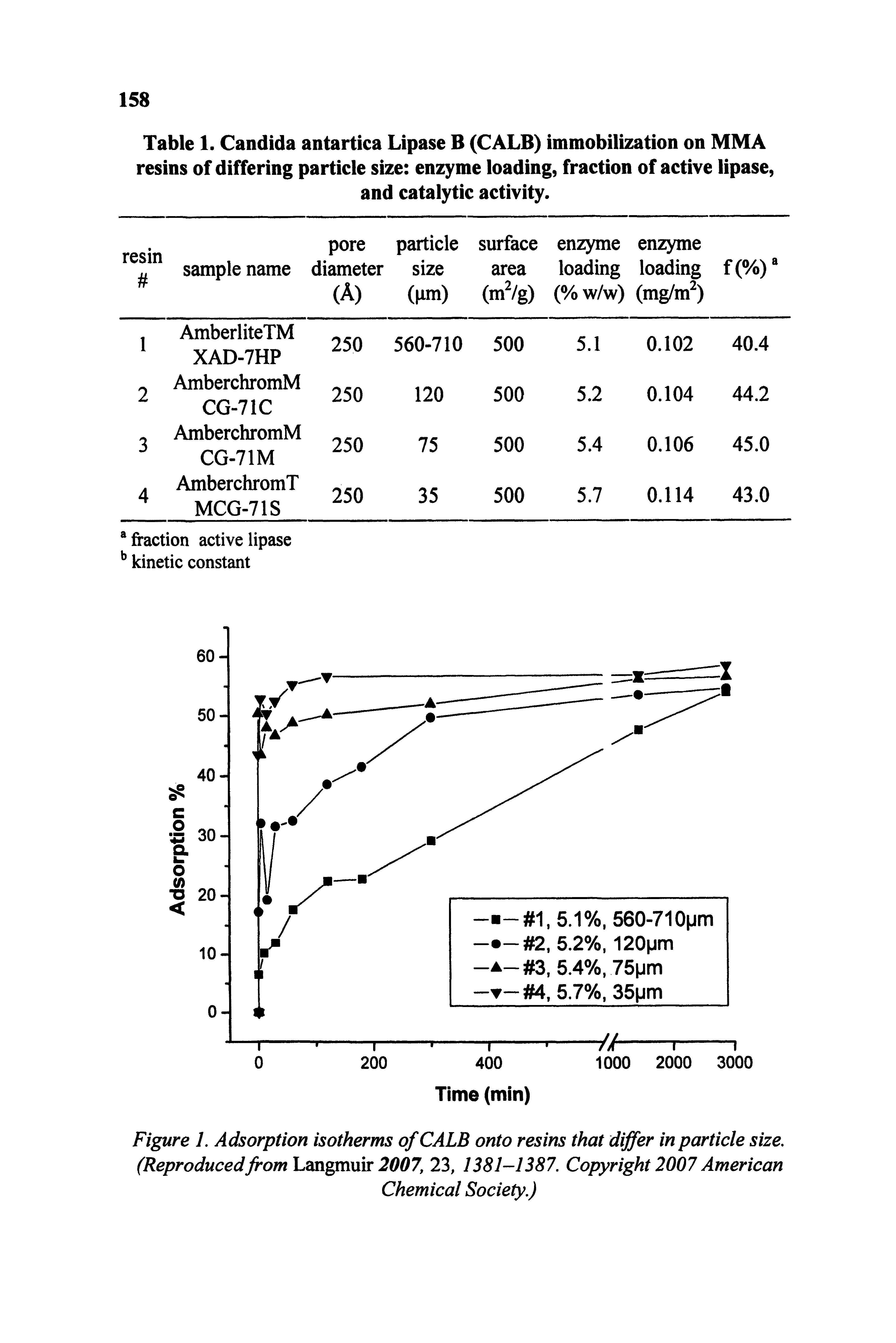 Figure 1. Adsorption isotherms of CALB onto resins that differ in particle size. (Reproducedfrom hmgmar 2007, 23, 1381-1387. Copyright 2007 American...