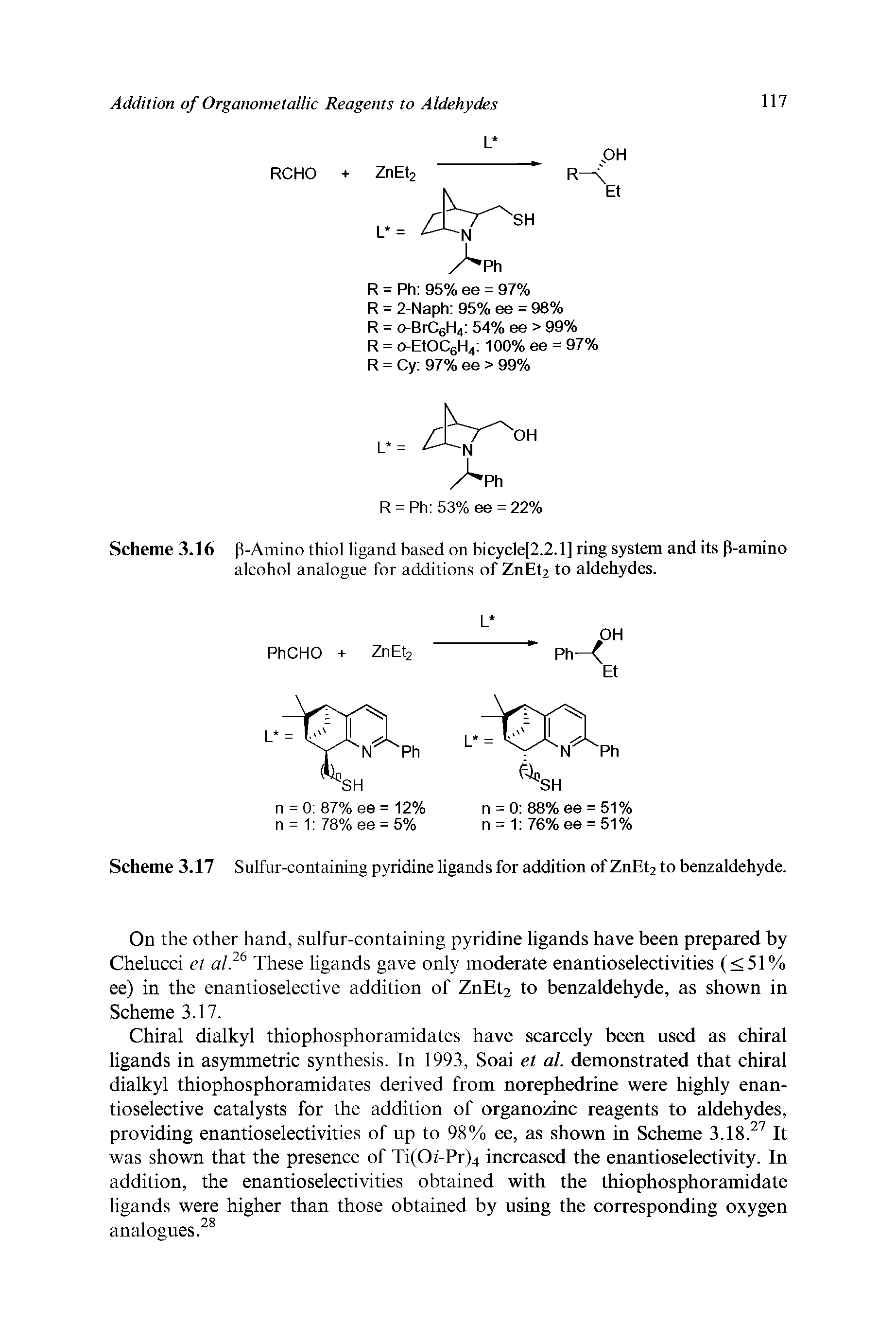Scheme 3.16 P-Amino thiol ligand based on bicycle[2.2.1] ring system and its P-amino alcohol analogue for additions of ZnEt2 to aldehydes.