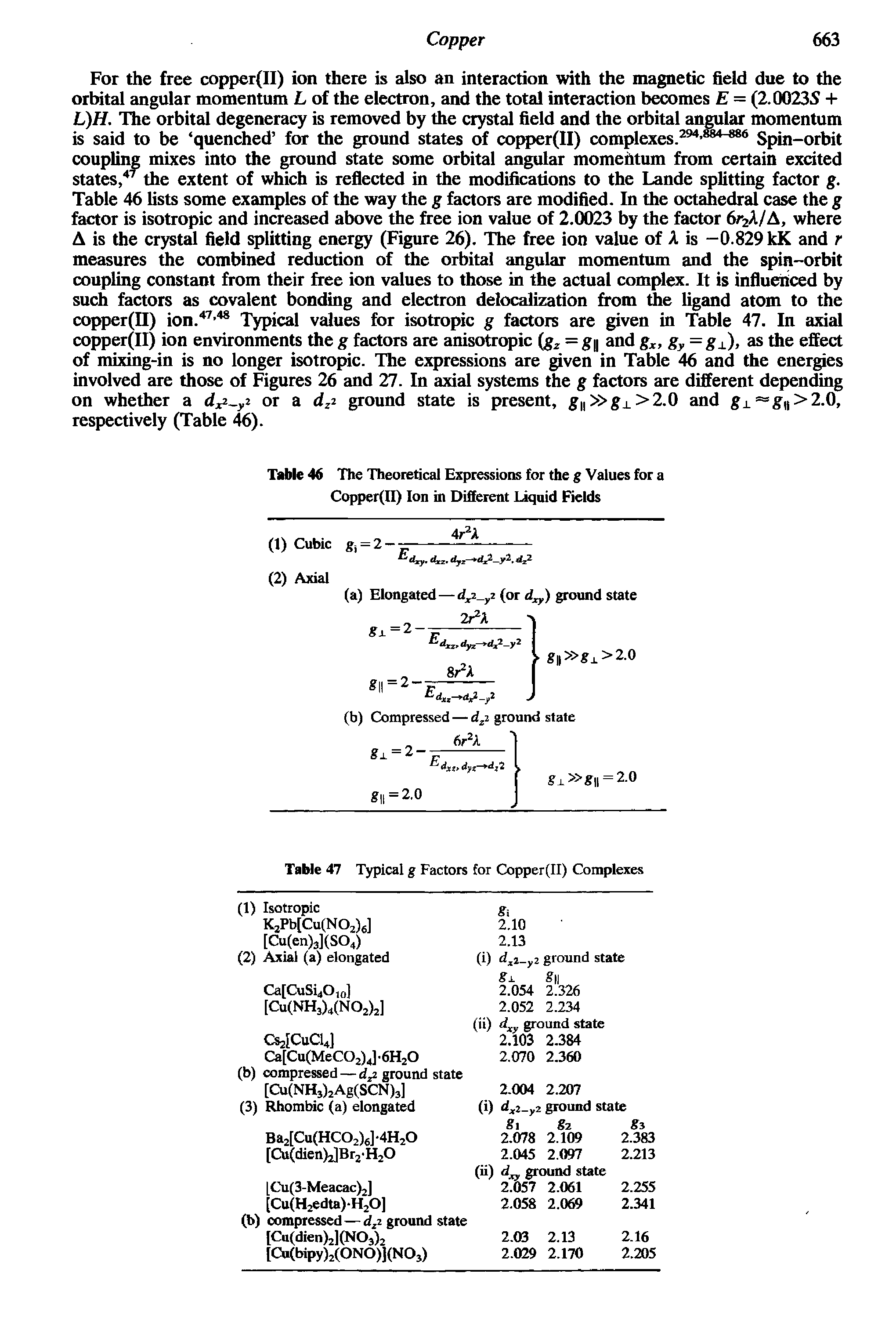 Table 46 The Theoretical Expressions for the g Values for a Copper(II) Ion in Different Liquid Fields...