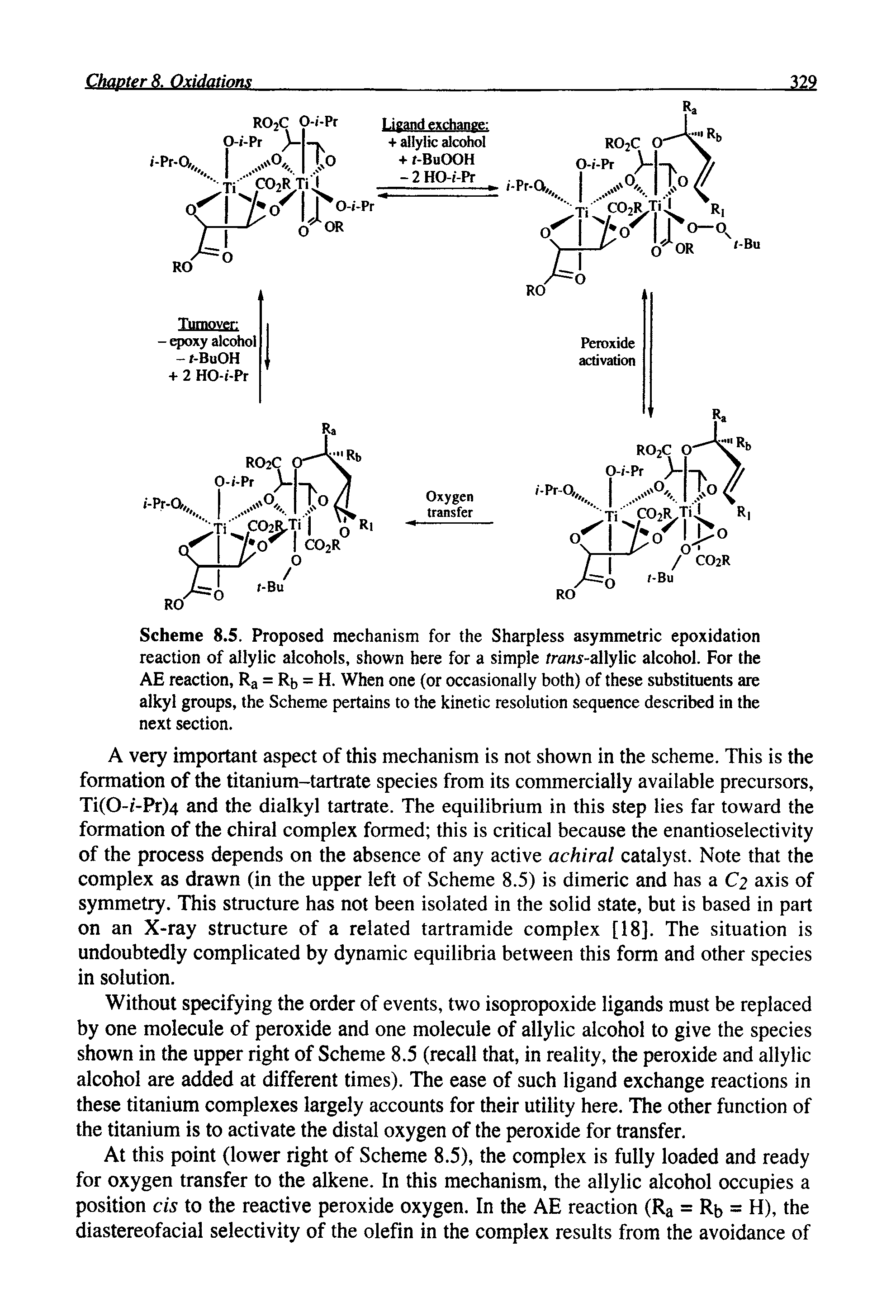 Scheme 8.5. Proposed mechanism for the Sharpless asymmetric epoxidation reaction of allylic alcohols, shown here for a simple tran -allylic alcohol. For the AE reaction, Ra = Rb = H. When one (or occasionally both) of these substituents are alkyl groups, the Scheme pertains to the kinetic resolution sequence described in the next section.