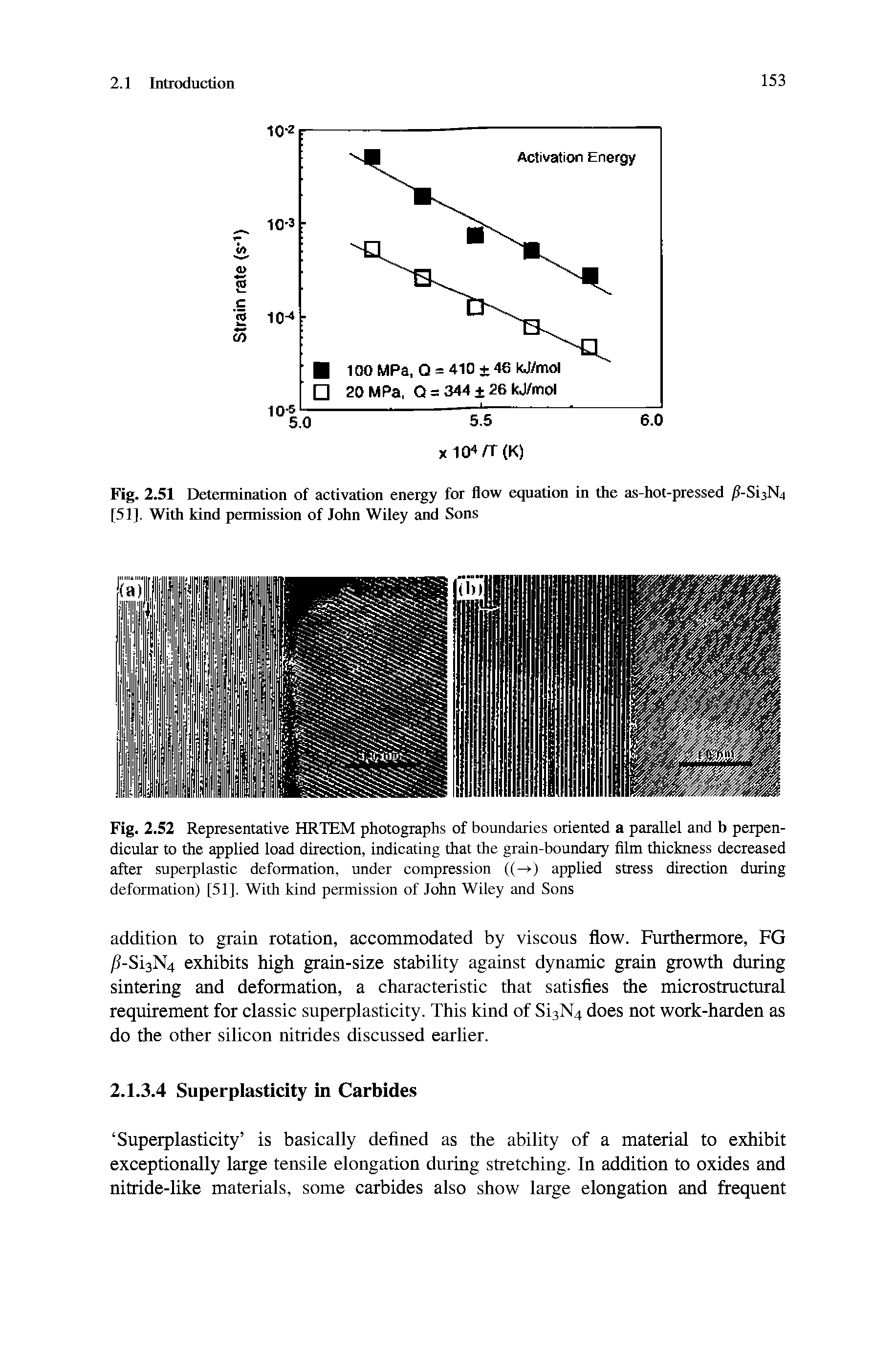 Fig. 2.52 Representative HRTEM photographs of boundaries oriented a parallel and b perpendicular to the applied load direction, indicating that the grain-boundary film thickness decreased after superplastic deformation, under compression ((->) applied stress direction during deformation) [51], With kind permission of John Wiley and Sons...