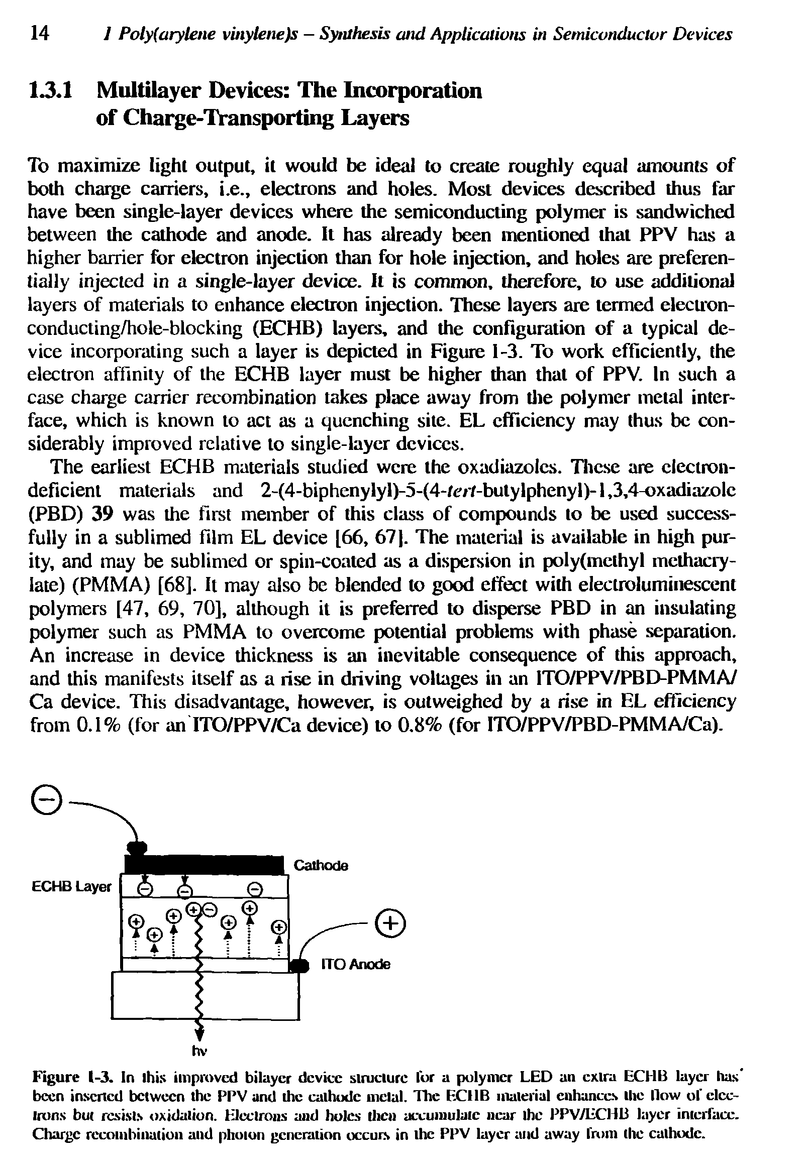 Figure 1-3. In Ihis improved bilaycr device structure lor a polymer LED an extra ECHB layer has been inserted between the PPV and the cathode metal. The EC11B material enhances the How of electrons but resists oxidation. Electrons and holes then accumulate near the PPV/EC1113 layer interface. Charge recombination and photon generation occurs in the PPV layer and away from the cathode.