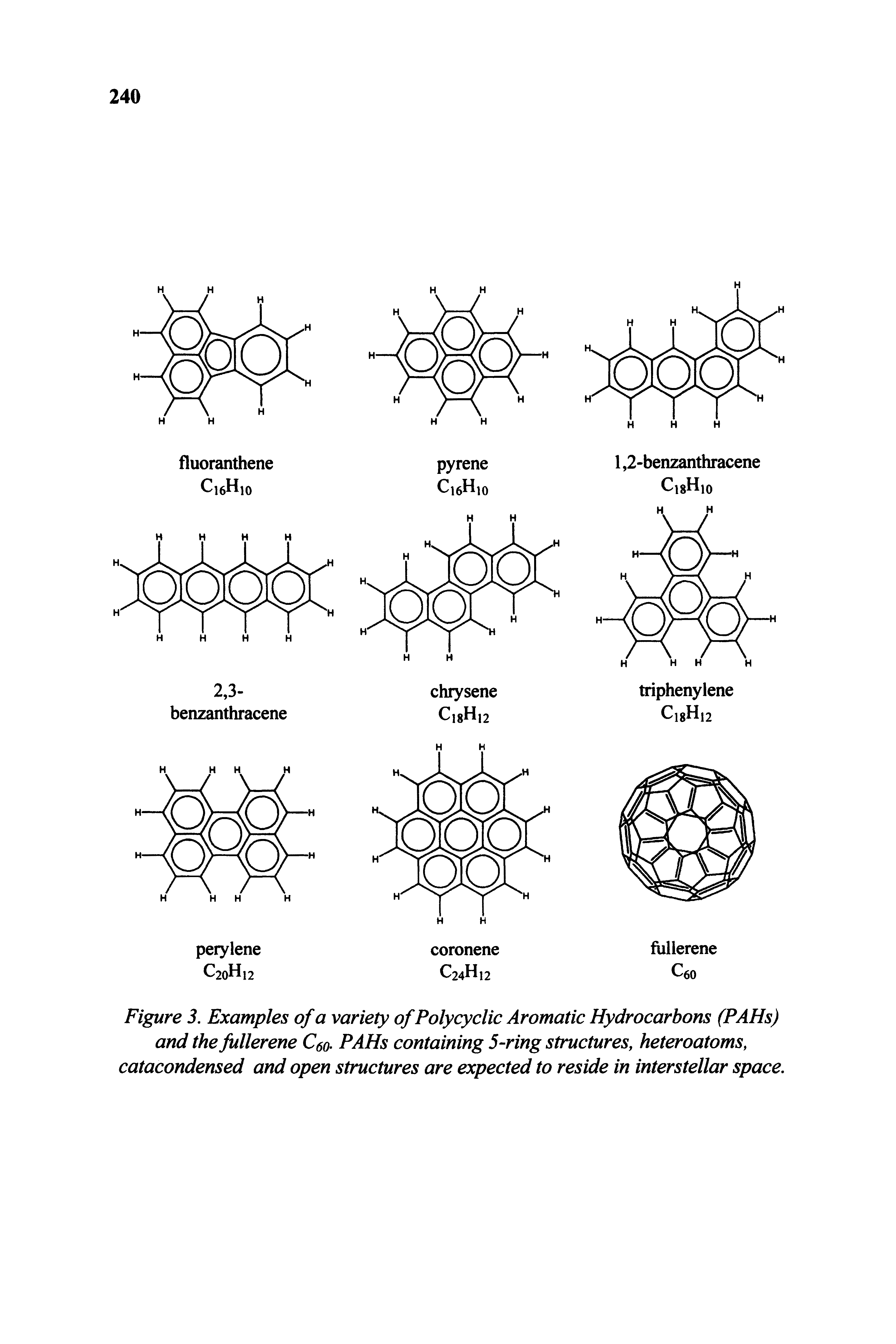 Figure 3. Examples of a variety ofPolycyclic Aromatic Hydrocarbons (PAHs) and the fullerene Cso- PAHs containing 5-ring structures, heteroatoms, catacondensed and open structures are expected to reside in interstellar space.