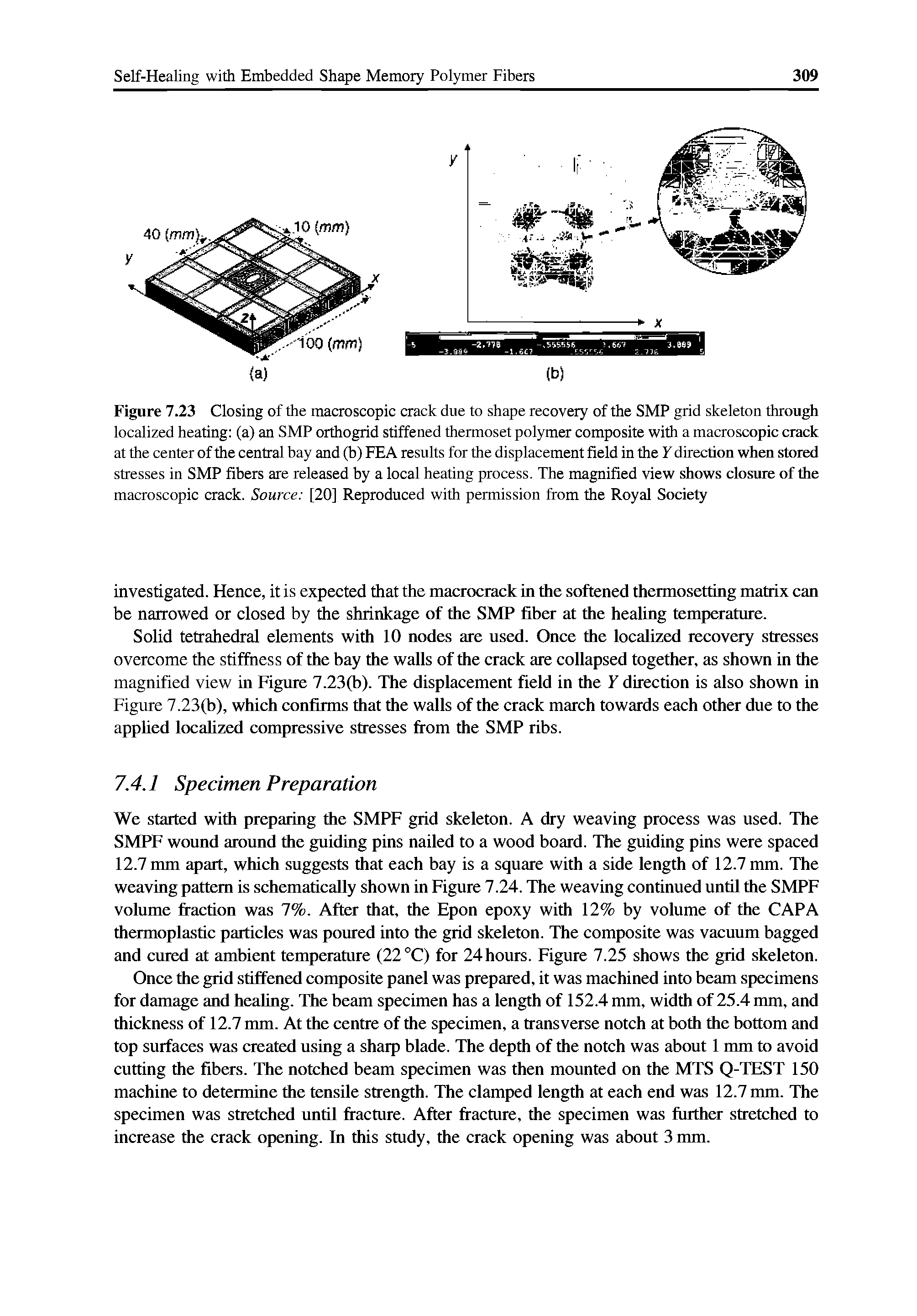 Figure 7.23 Closing of the macroscopic crack due to shape recovery of the SMP grid skeleton through localized heating (a) an SMP orthogrid stiffened thermoset polymer composite with a macroscopic crack at the center of the central bay and (b) FEA results for the displacement field in the Y direction when stored stresses in SMP fibers are released by a local heating process. The magnified view shows closure of the macroscopic crack. Source [20] Reproduced with permission from the Royal Society...