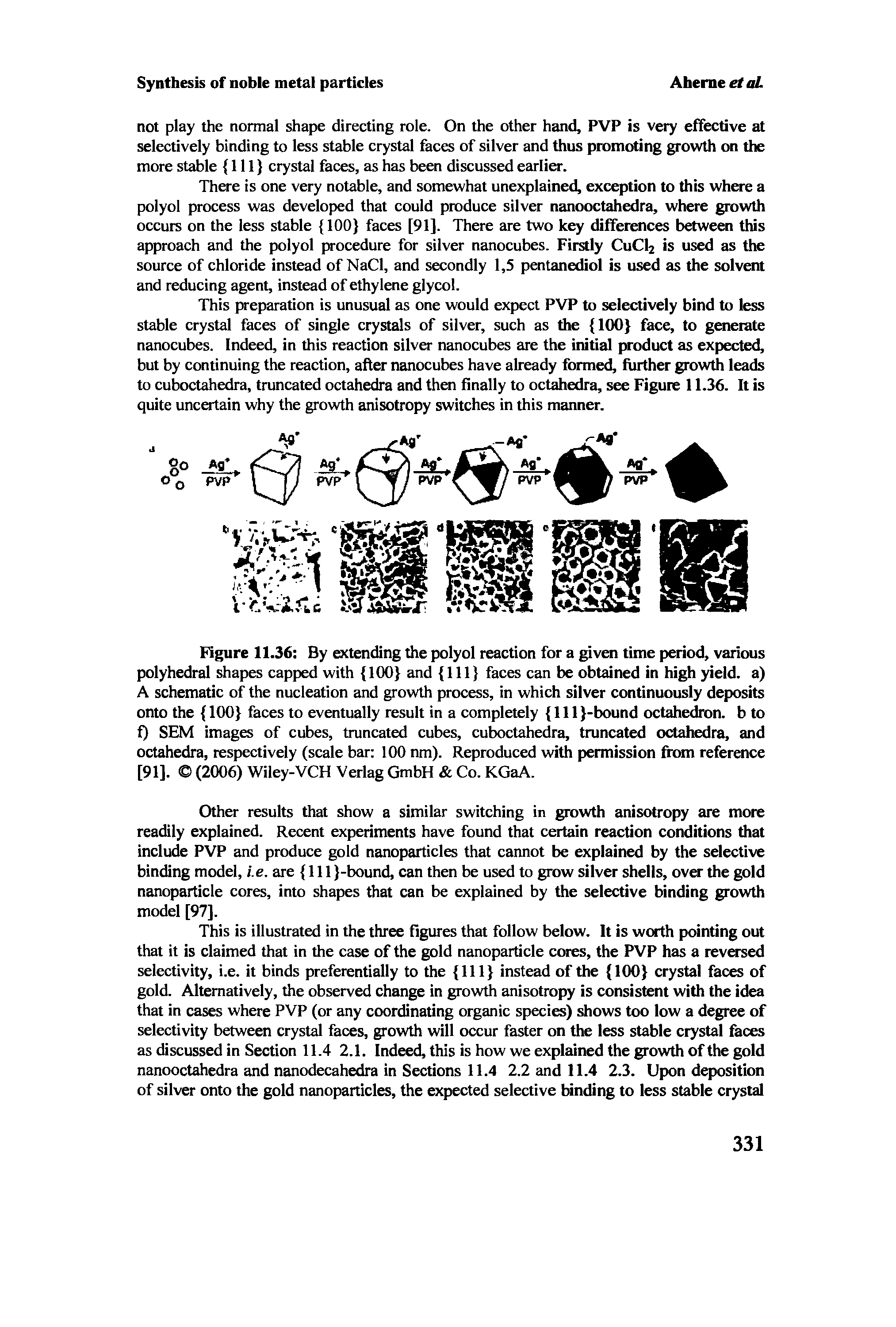 Figure 11.36 By extending the polyol reaction for a ven time period, various polyhedral shapes capped with 100 and 111 faces can be obtained in high yield, a) A schematic of the nucleation and growth process, in which silver continuously deposits onto the 100 faces to eventually result in a completely 111 -bound octahedron, b to f) SEM images of cubes, truncated cubes, cuboctahedra, truncated octahedra, and octahedra, respectively (scale bar 100 nm). Reproduced with permission from reference [91]. (2006) Wiley-VCH Verlag GmbH Co. KGaA.
