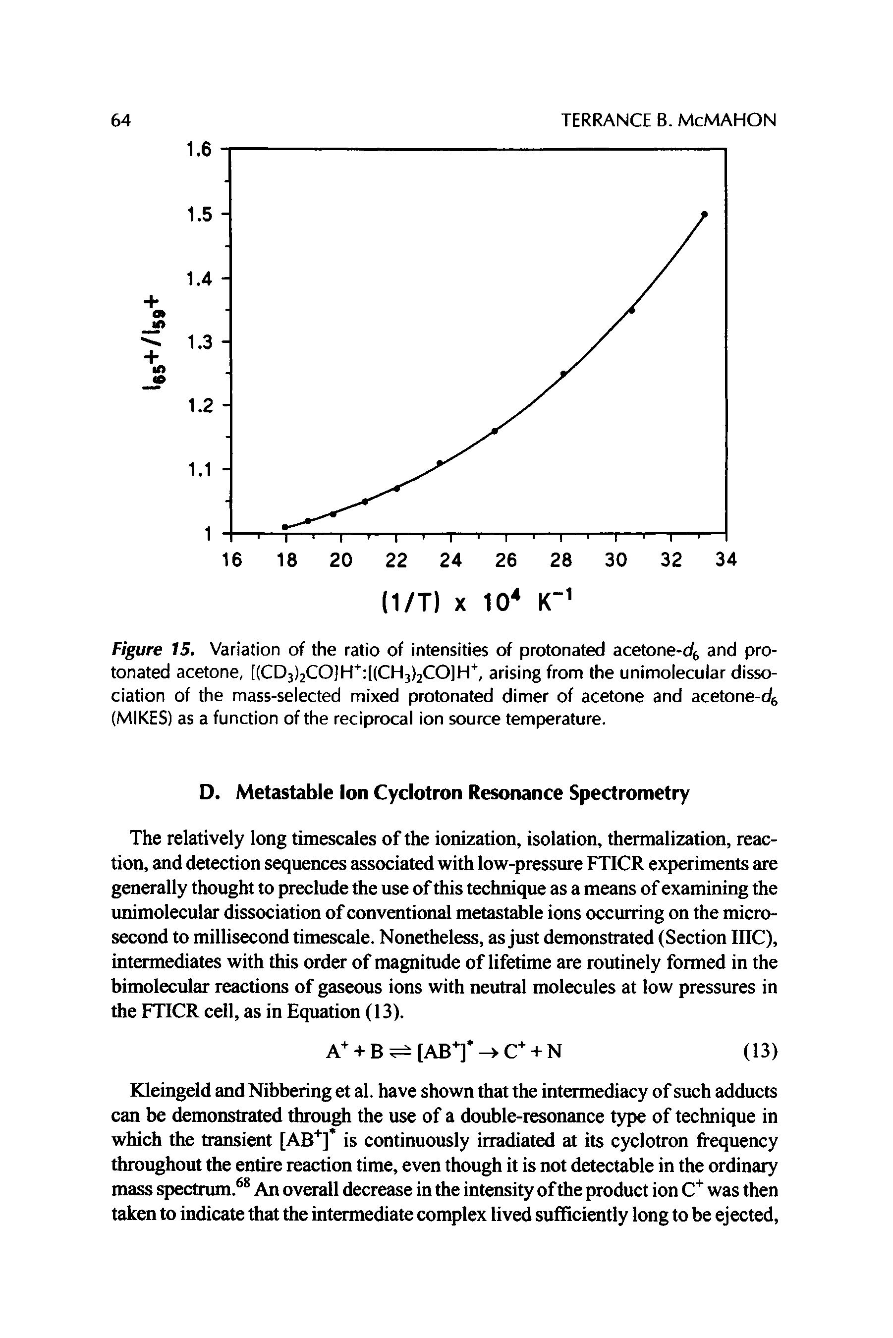 Figure 15. Variation of the ratio of intensities of protonated acetone-c4 and pro-tonated acetone, [(CD3)2CO]H [(CH3)2CO]H arising from the unimolecular dissociation of the mass-selected mixed protonated dimer of acetone and acetone-ds (MIKES) as a function of the reciprocal ion source temperature.
