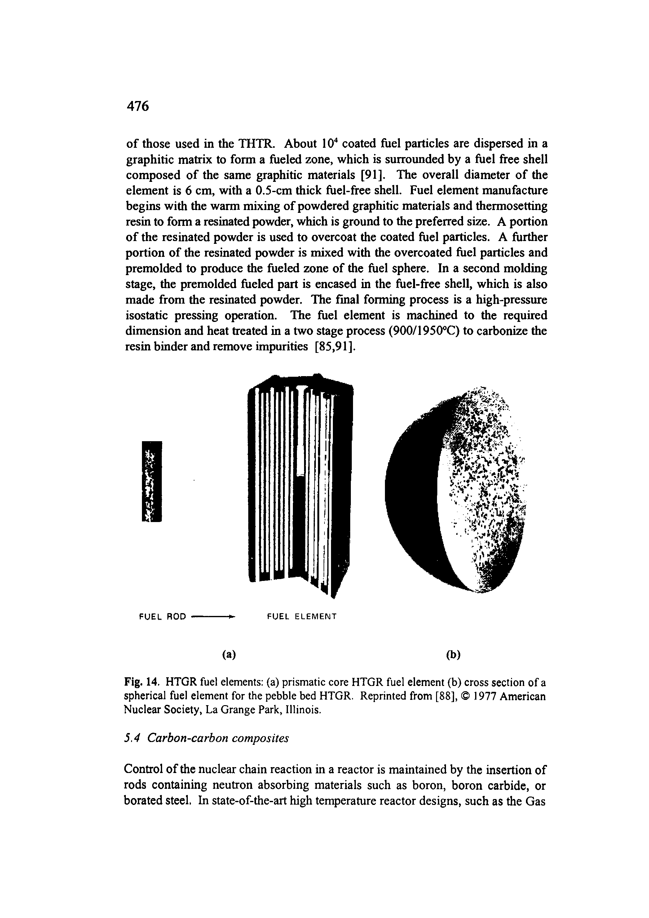 Fig. 14. HTGR fuel elements (a) prismatic core HTGR fuel element (b) cross section of a spherical fuel element for the pebble bed HTGR. Reprinted from [88], 1977 American Nuclear Society, La Grange Park, Illinois.