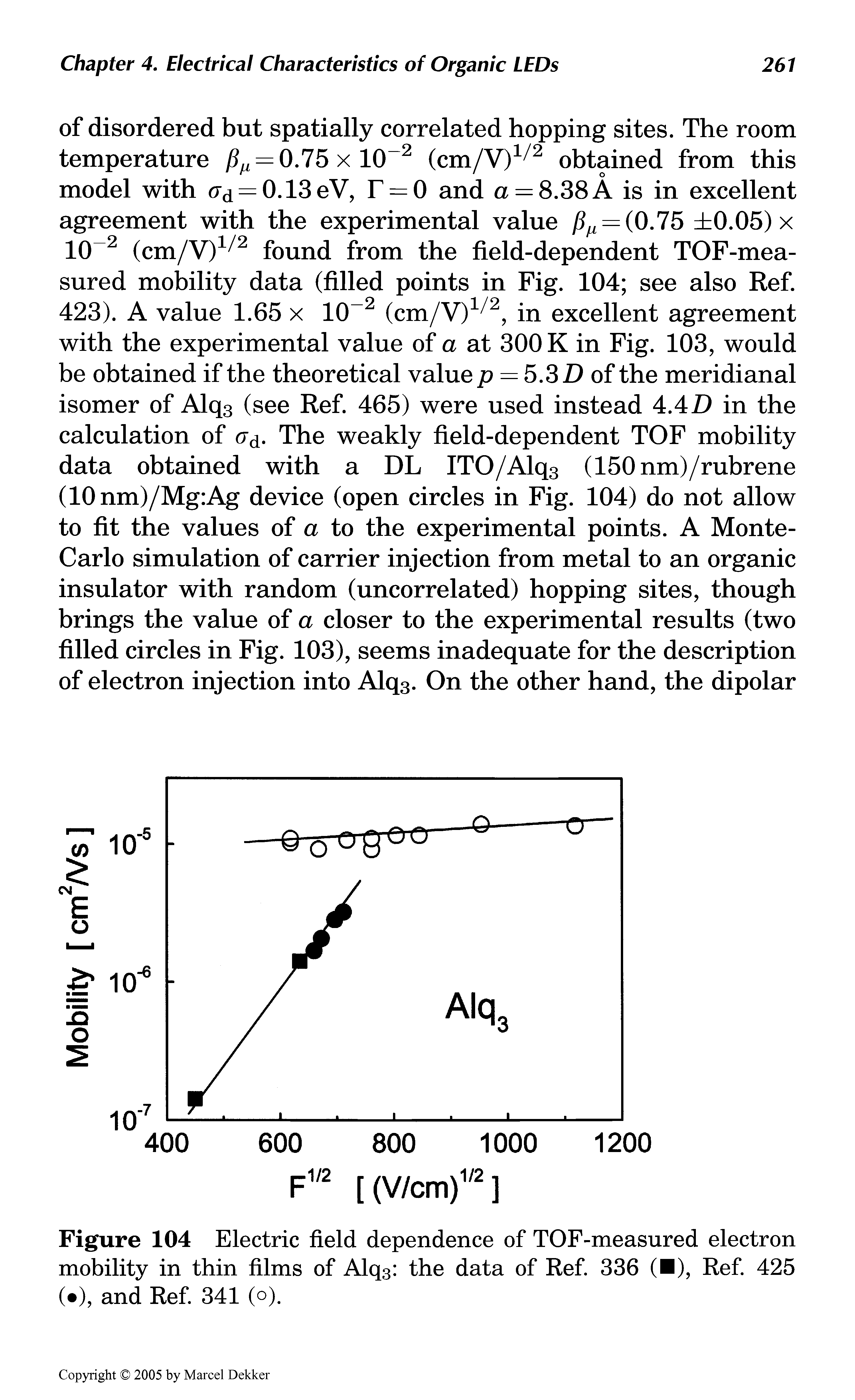 Figure 104 Electric field dependence of TOF-measured electron mobility in thin films of Alq3 the data of Ref. 336 ( ), Ref. 425 ( ), and Ref. 341 (o).