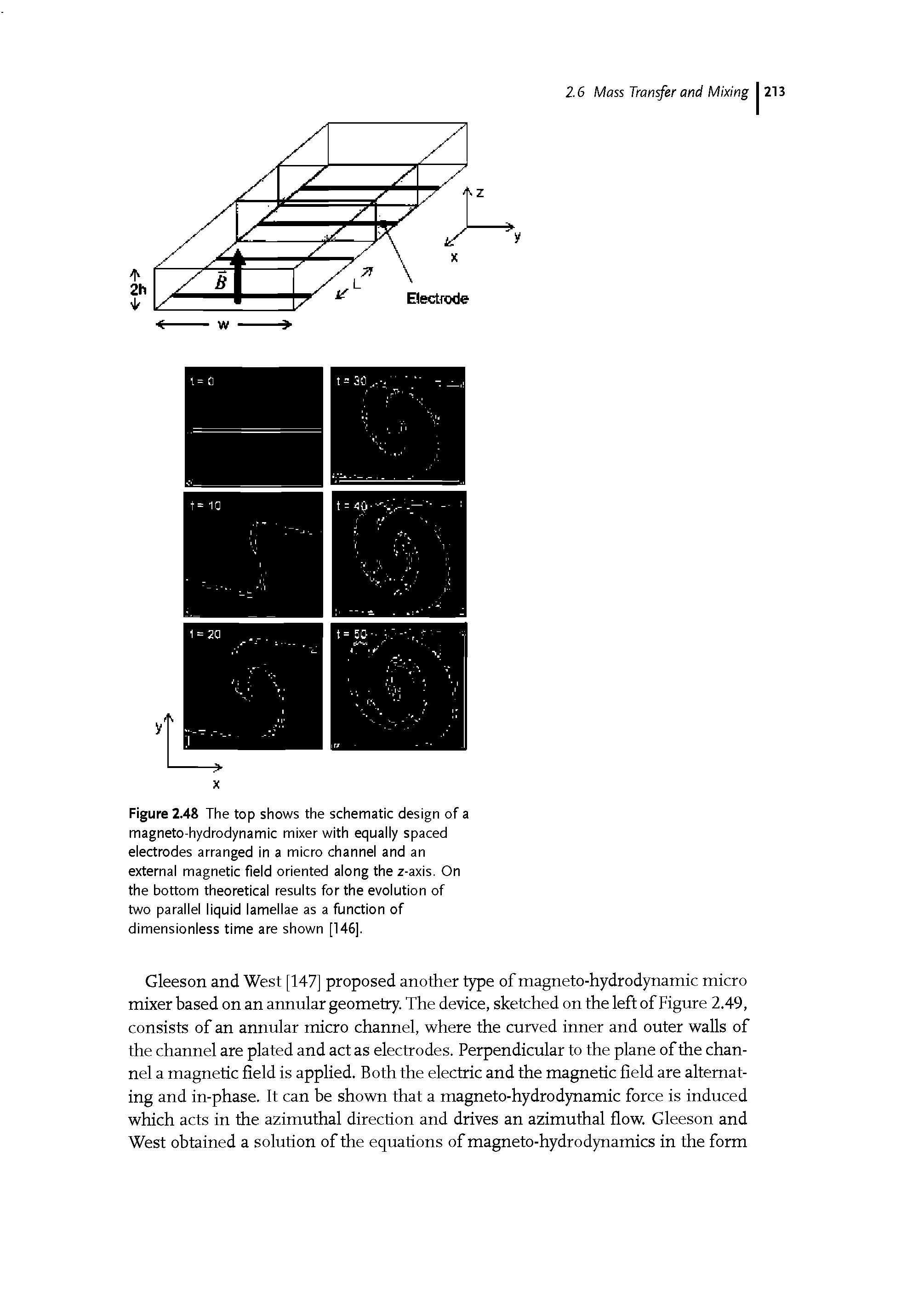 Figure 2.48 The top shows the schematic design of a magneto-hydrodynamic mixer with equally spaced electrodes arranged In a micro channel and an external magnetic field oriented along the z-axis. On the bottom theoretical results for the evolution of two parallel liquid lamellae as a function of dimensionless time are shown [146].