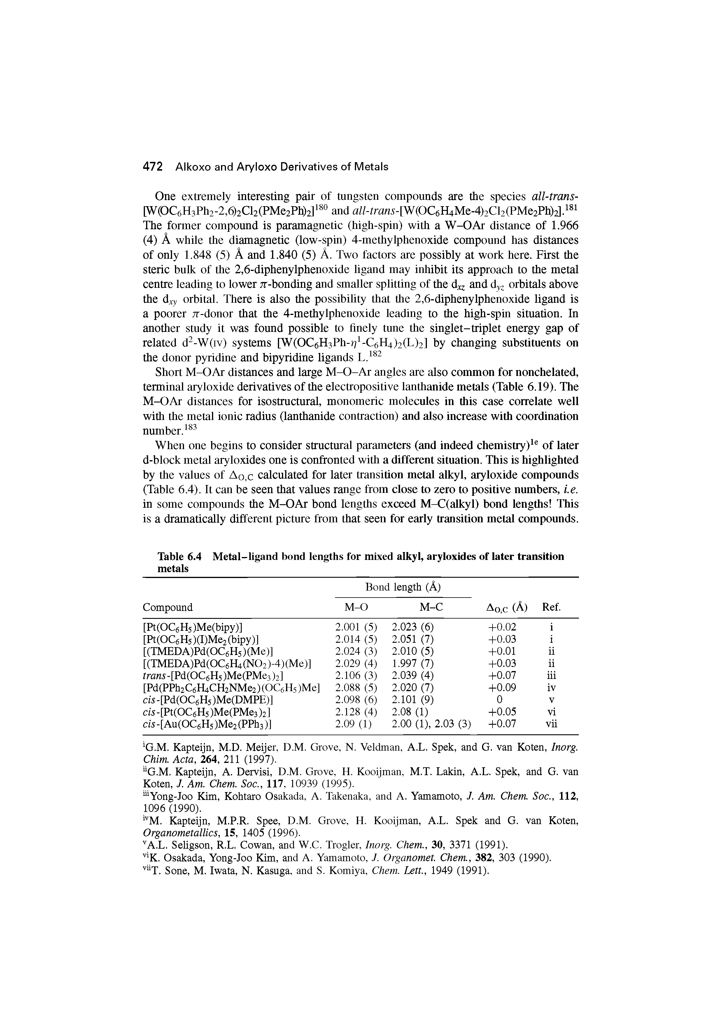 Table 6.4 Metal-ligand bond lengths for mixed alkyl, aryloxides of later transition metals...