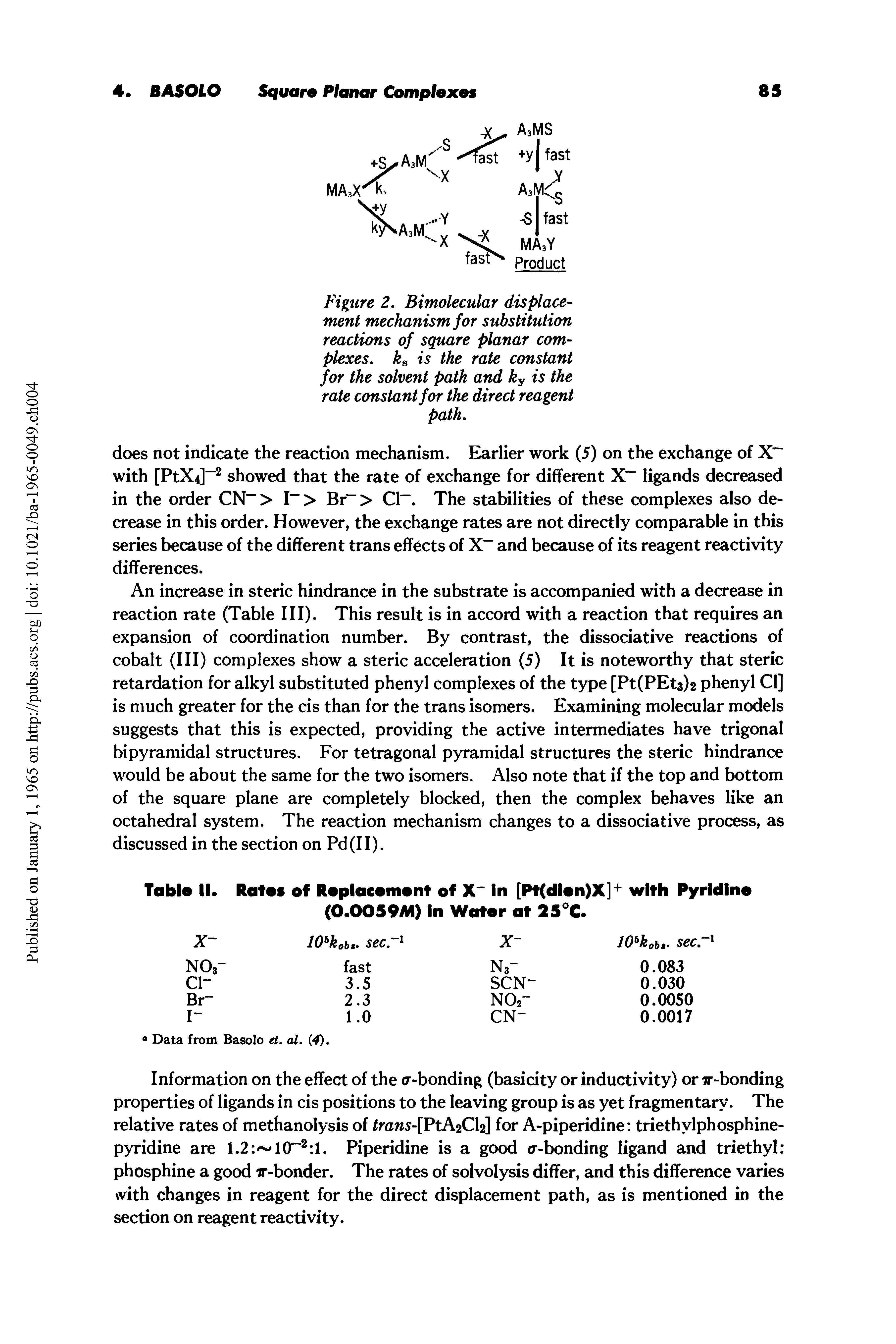 Figure 2. Bimolecular displacement mechanism for substitution reactions of square planar complexes. ka is the rate constant for the solvent path and ky is the rate constant for the direct reagent path.