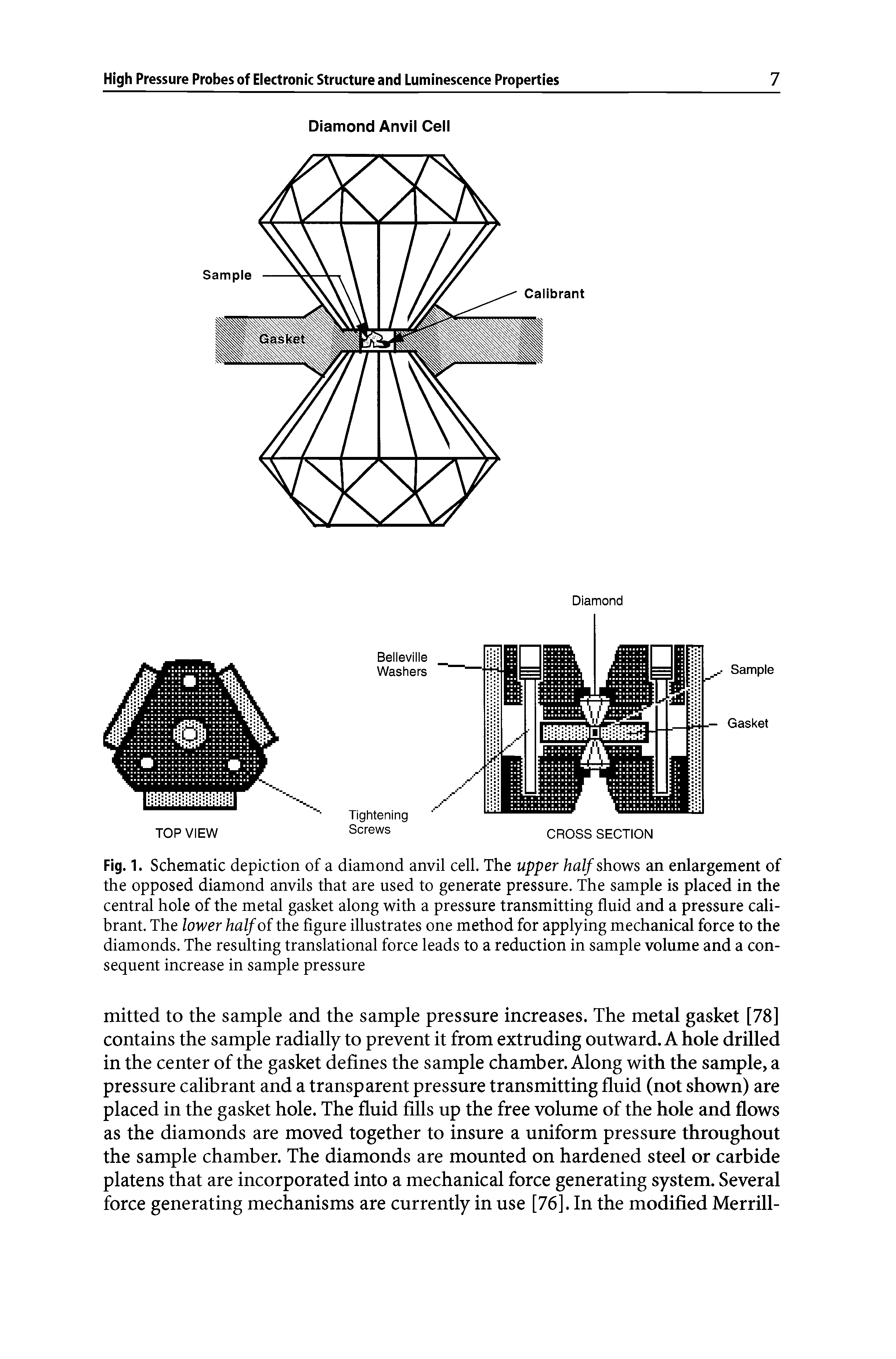 Fig. 1. Schematic depiction of a diamond anvil cell. The upper half shows an enlargement of the opposed diamond anvils that are used to generate pressure. The sample is placed in the central hole of the metal gasket along with a pressure transmitting fluid and a pressure cali-brant. The lower half of the figure illustrates one method for applying mechanical force to the diamonds. The resulting translational force leads to a reduction in sample volume and a consequent increase in sample pressure...