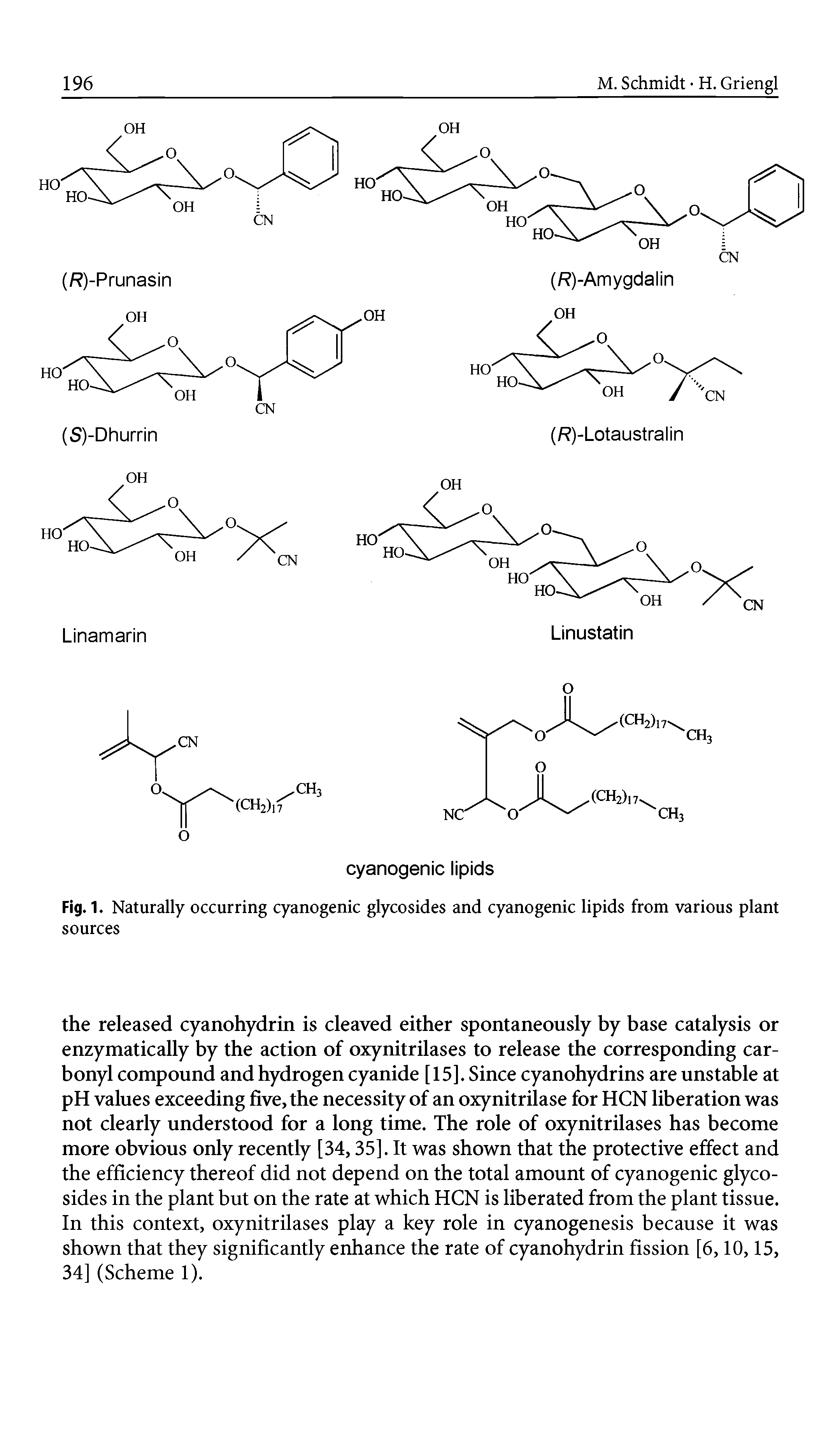 Fig. 1. Naturally occurring cyanogenic glycosides and cyanogenic lipids from various plant sources...