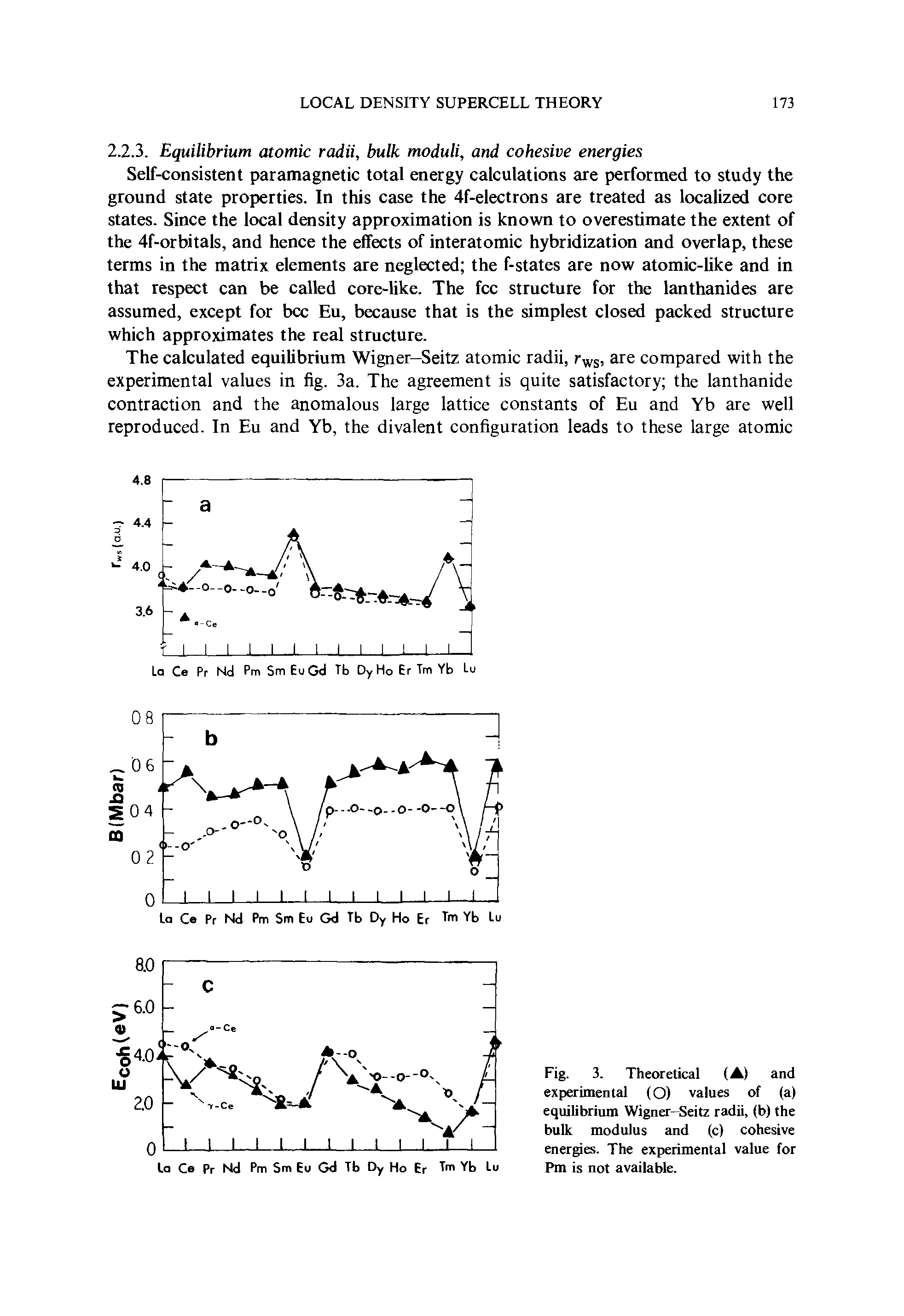Fig. 3. Theoretical (A) and experimental (O) values of (a) equilibrium Wigner-Seitz radii, (b) the bulk modulus and (c) cohesive energies. The experimental value for Pm is not available.