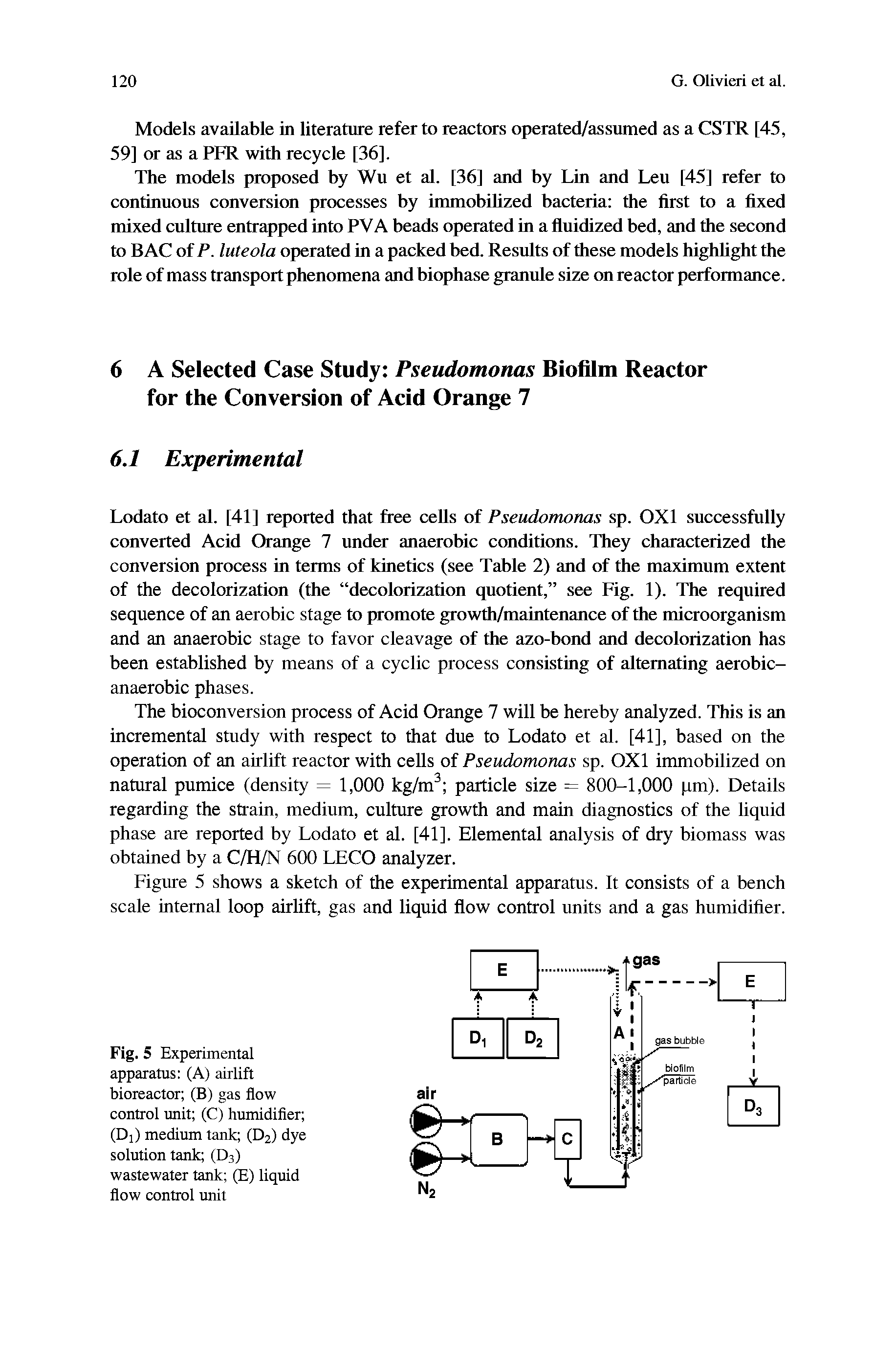 Fig. 5 Experimental apparatus (A) airlift bioreactor (B) gas flow control unit (C) humidifier (Dj) medium tank (D2) dye solution tank (D3) wastewater tank (E) liquid flow control unit...