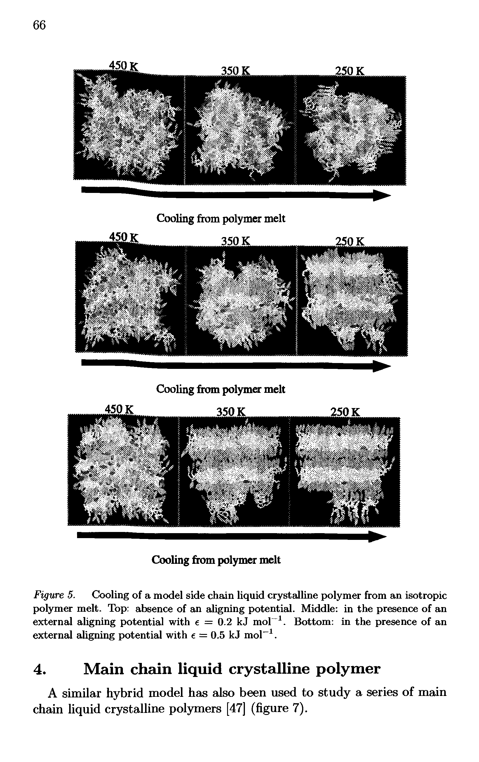 Figure 5. Cooling of a model side chain liquid crystalline polymer from am isotropic polymer melt. Top absence of an aligning p>otentiad. Middle in the presence of an external aligning potential with = 0.2 kJ mol . Bottom in the presence of an externad aligning potentiaJ with e = 0.5 kJ mol. ...