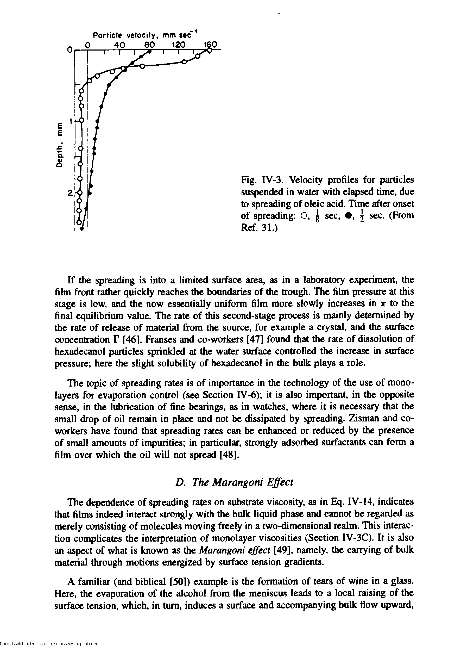 Fig. IV-3. Velocity profiles for particles suspended in water with elapsed time, due to spreading of oleic acid. Time after onset of spreading O, 5 sec, , 5 sec. (From Ref. 31.)...