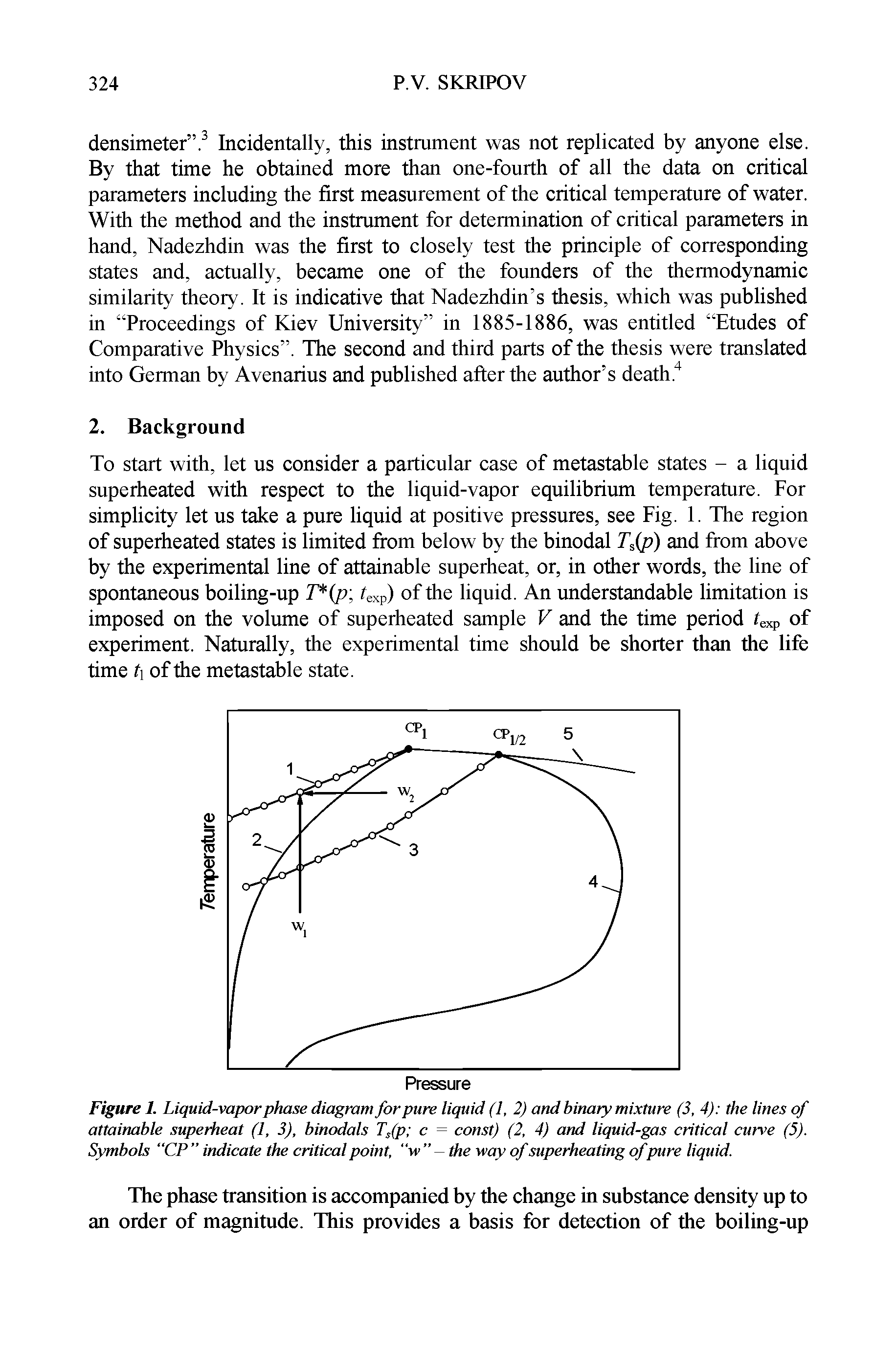 Figure 1. Liquid-vapor phase diagram for pure liquid (1, 2) and binary mixture (3, 4) the lines of attainable superheat (1, 3), binodals Ts(p c = const) (2, 4) and liquid-gas critical curve (5). Symbols CP indicate the critical point, "w — the way of superheating ofpure liquid.