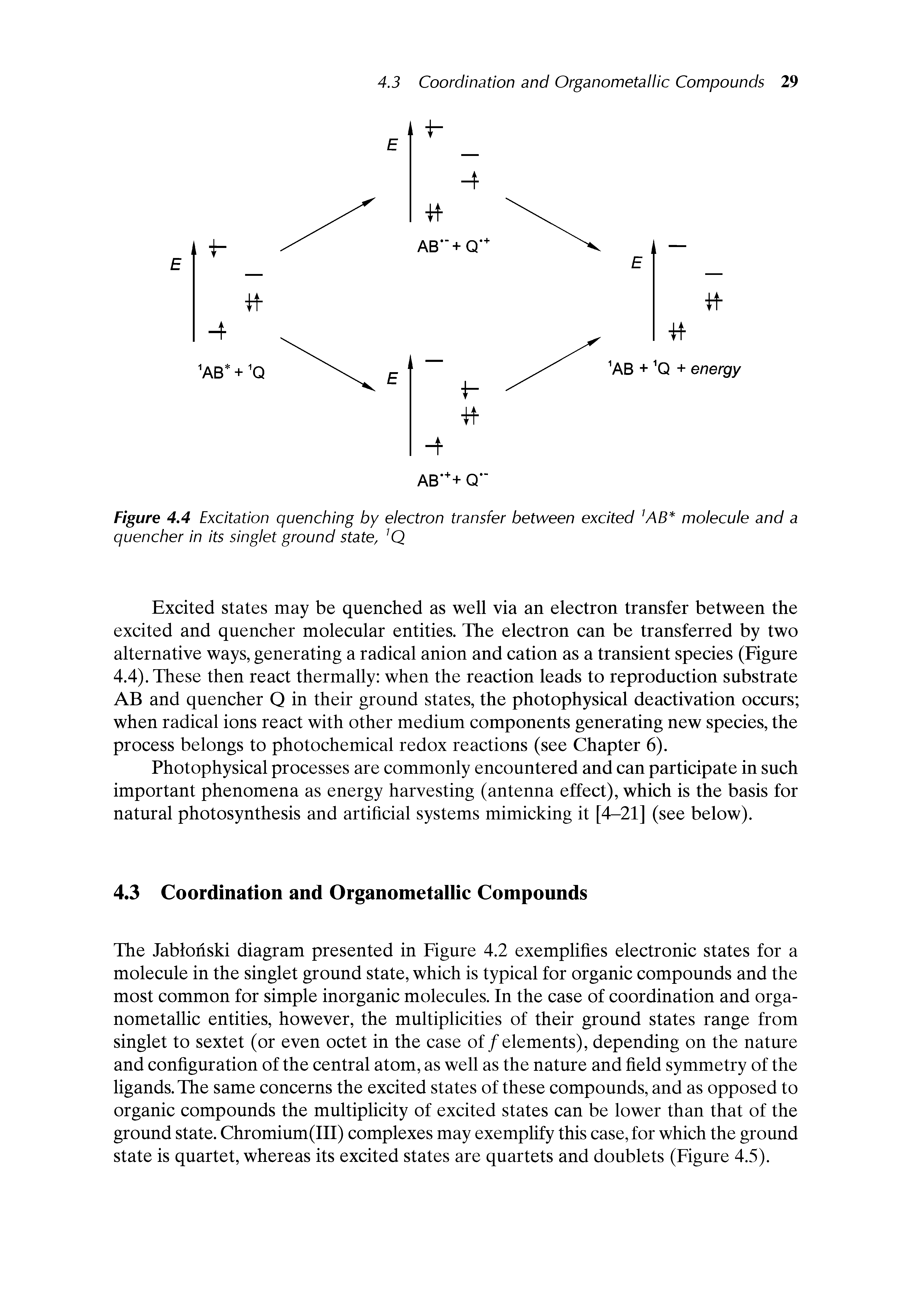 Figure 4.4 Excitation quenching by electron transfer between excited 1AE> molecule and a quencher in its singlet ground state, 1Q...