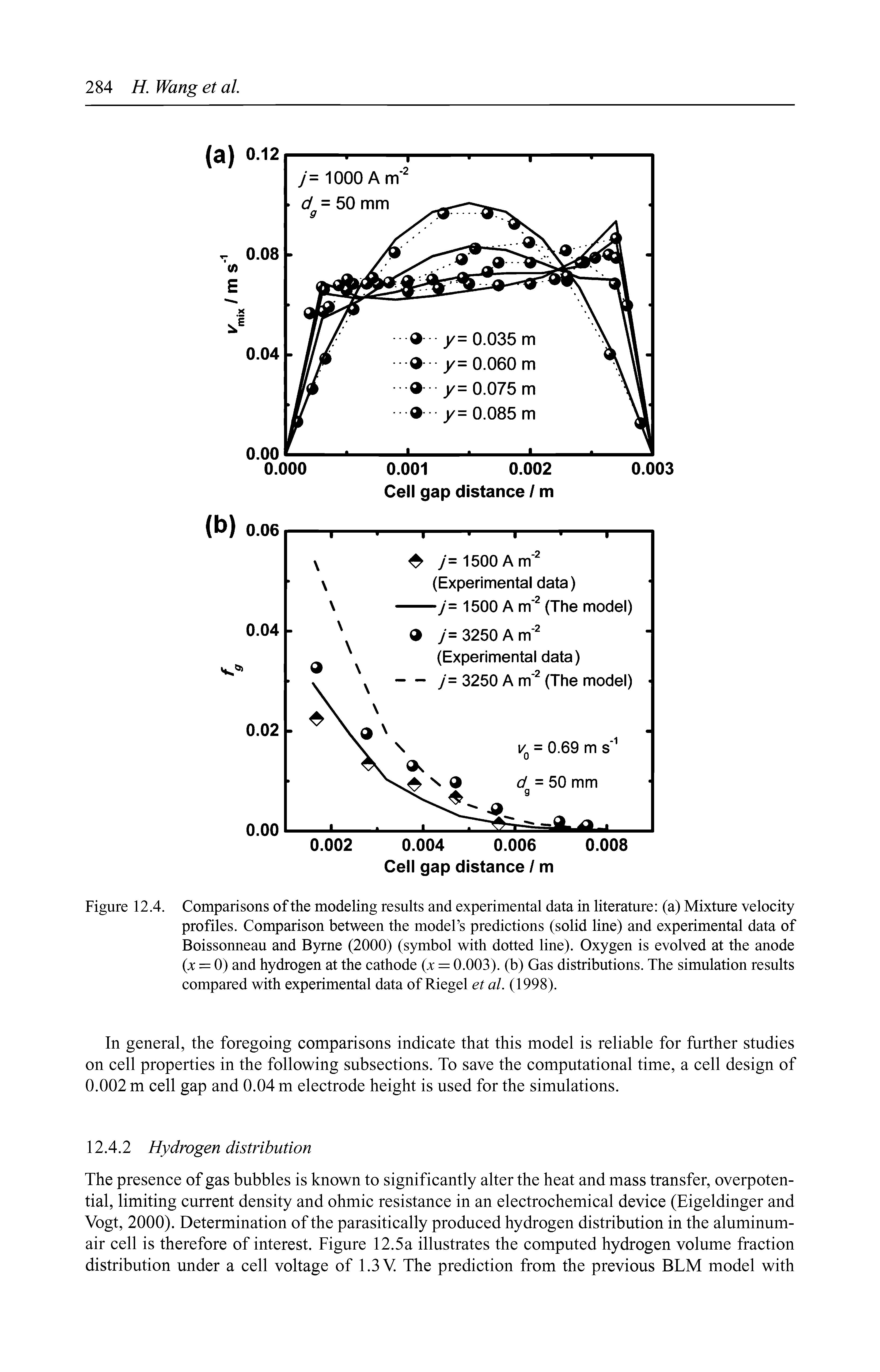 Figure 12.4. Comparisons of the modeling results and experimental data in literature (a) Mixture velocity profiles. Comparison between the model s predictions (solid line) and experimental data of Boissonneau and Byrne (2000) (symbol with dotted line). Oxygen is evolved at the anode (jc = 0) and hydrogen at the cathode (x = 0.003). (b) Gas distributions. The simulation results compared with experimental data of Riegel et al. (1998).
