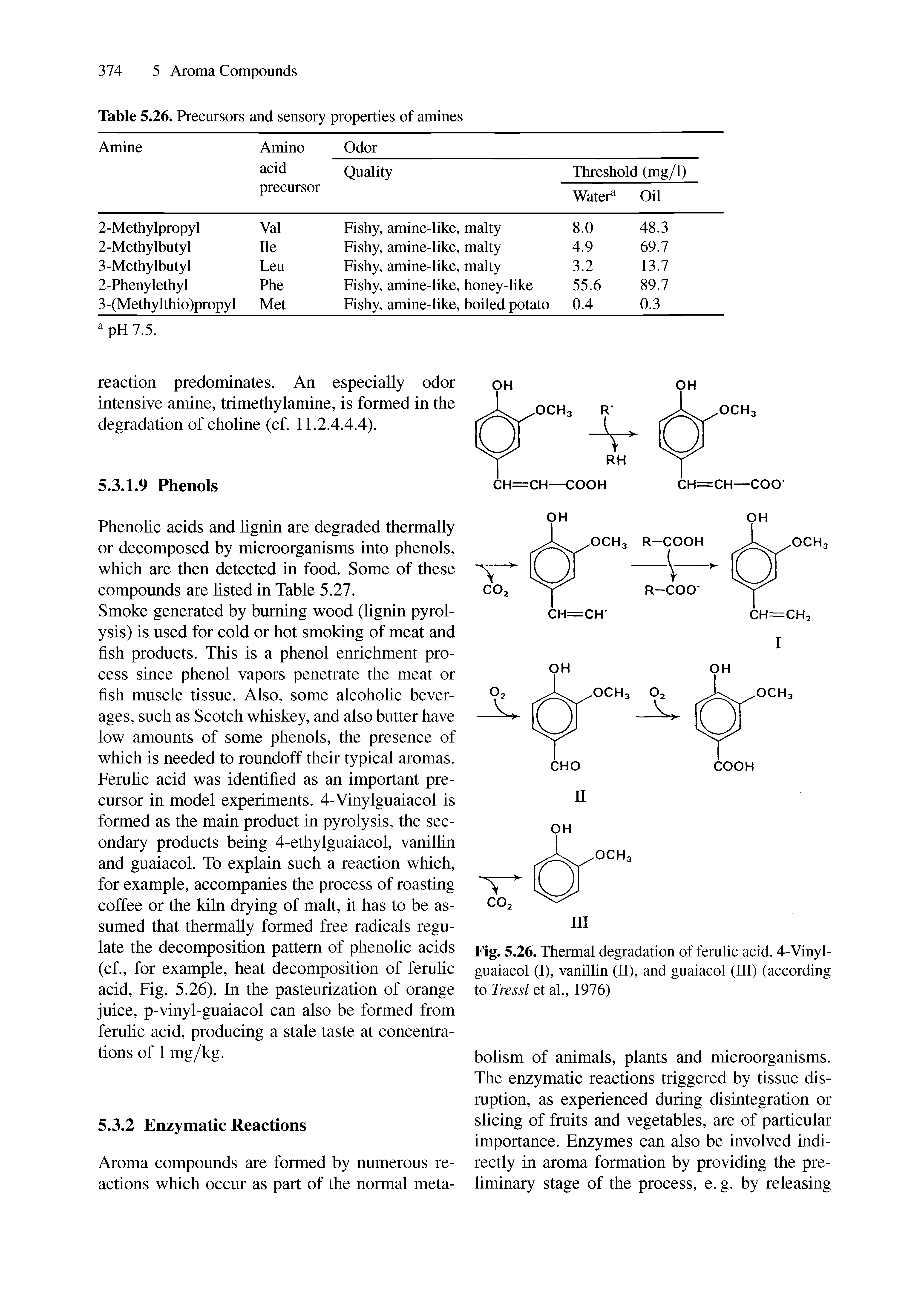 Fig. 5.26. Thermal degradation of ferulic acid. 4-Vinyl-guaiacol (I), vanillin (II), and guaiacol (III) (according to Tressl et al., 1976)...