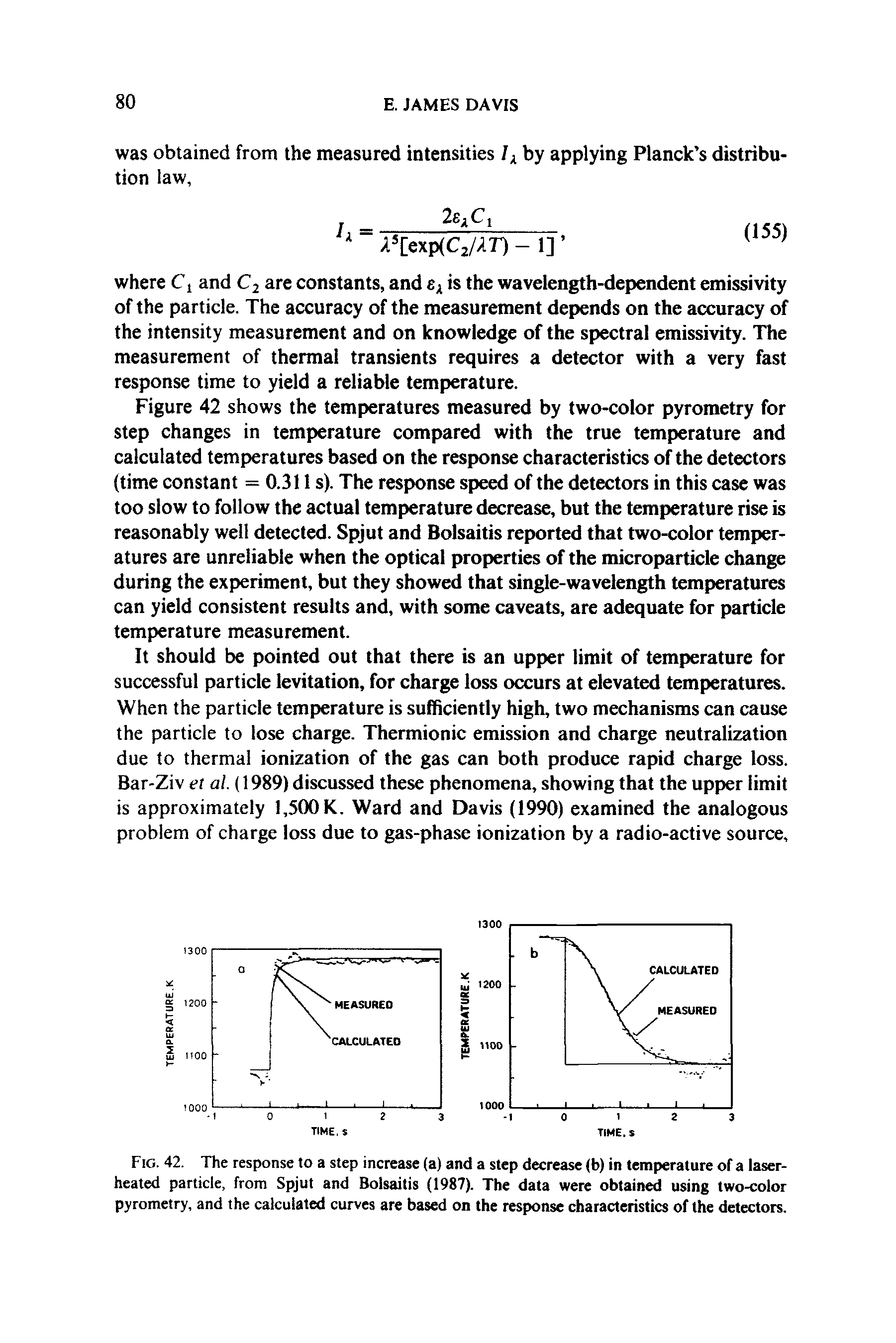 Fig. 42. The response to a step increase (a) and a step decrease (b) in temperature of a laser-heated particle, from Spjut and Bolsaitis (1987). The data were obtained using two-color pyrometry, and the calculated curves are based on the response characteristics of the detectors.