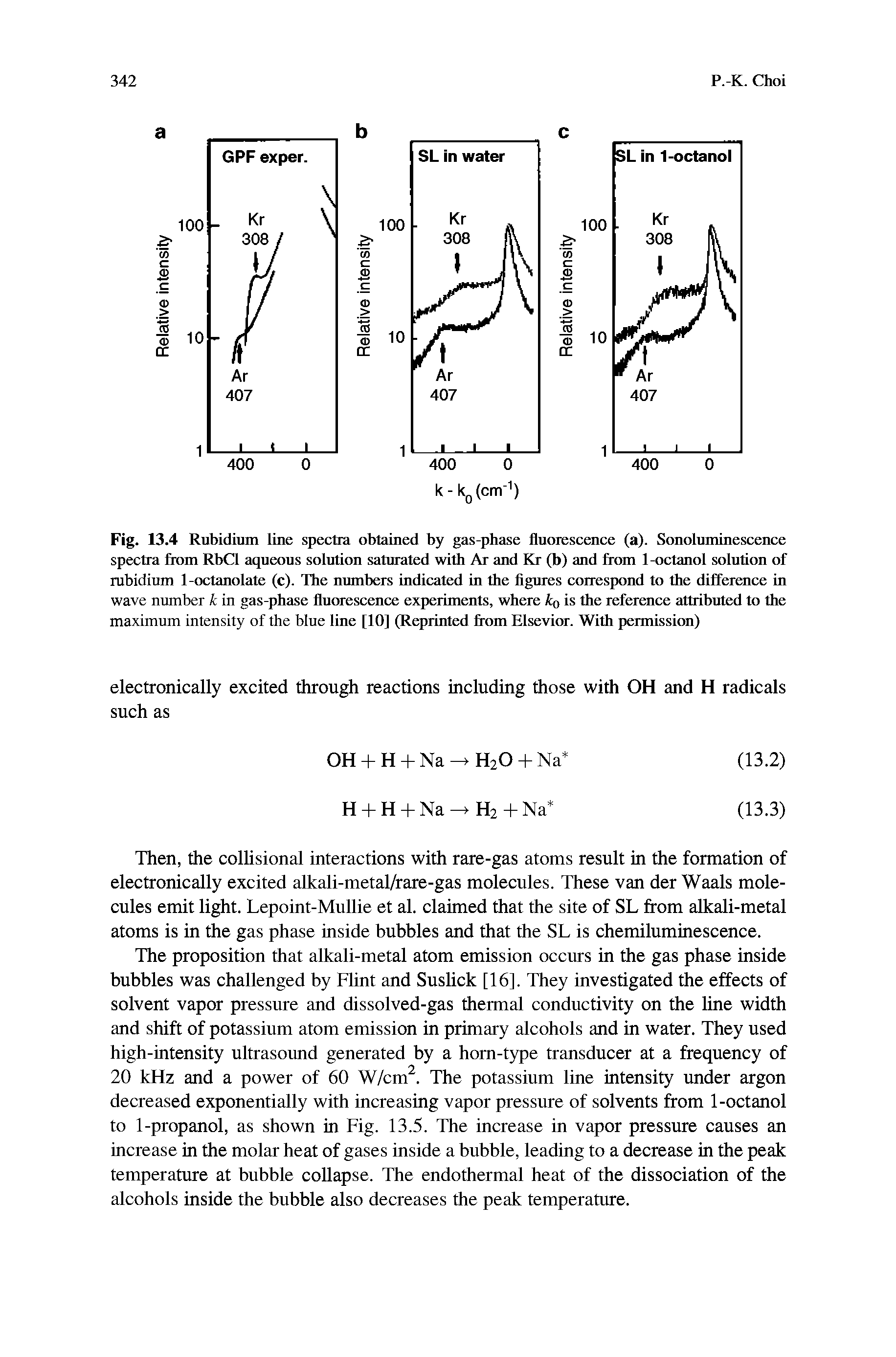 Fig. 13.4 Rubidium line spectra obtained by gas-phase fluorescence (a). Sonoluminescence spectra from RbCl aqueous solution saturated with Ar and Kr (b) and from 1-octanol solution of rubidium 1-octanolate (c). The numbers indicated in the figures correspond to the difference in wave number k in gas-phase fluorescence experiments, where k0 is the reference attributed to the maximum intensity of the blue line [10] (Reprinted from Elsevior. With permission)...