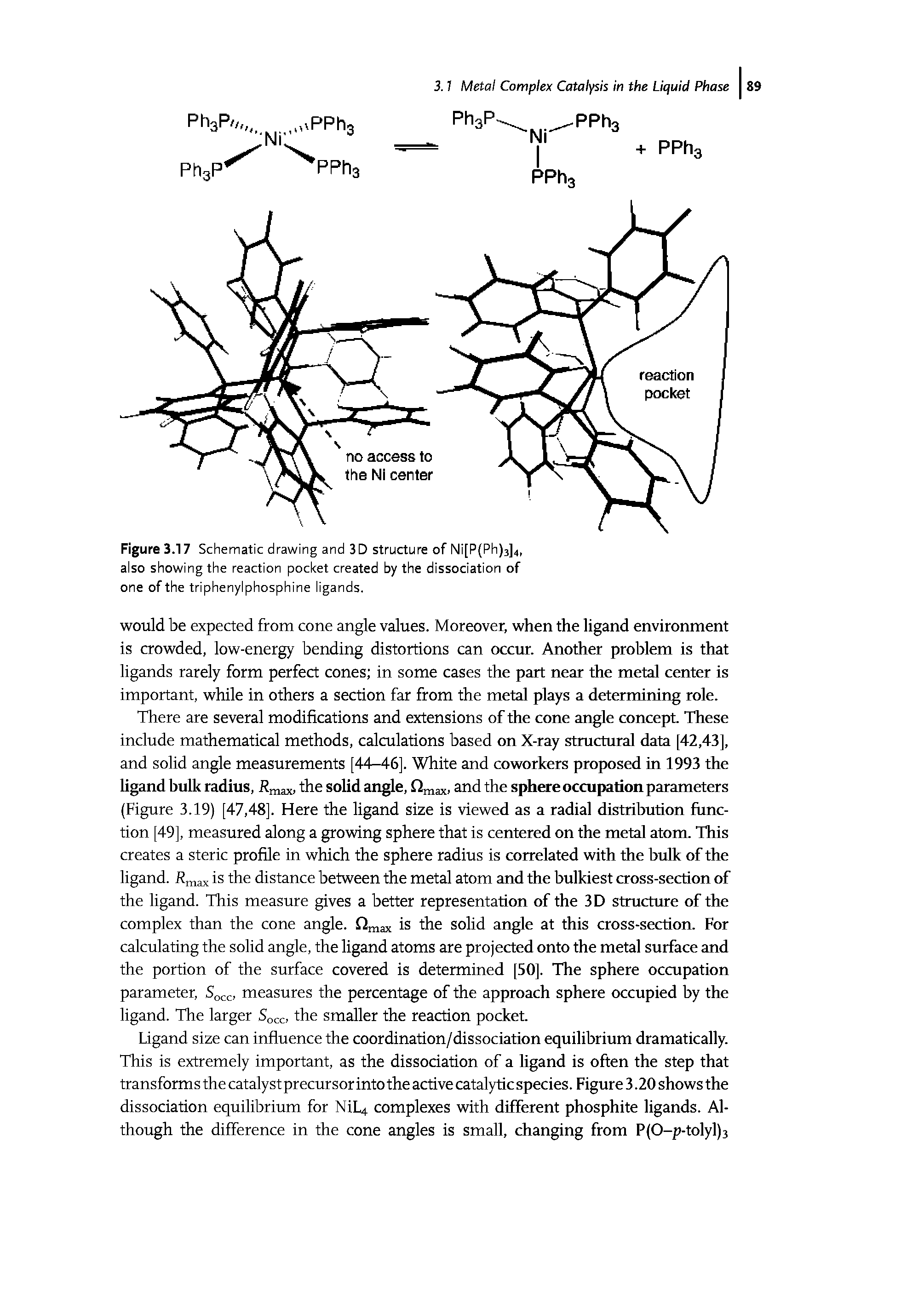 Figure 3.17 Schematic drawing and 3D structure of Ni[P(Ph)3]4, also showing the reaction pocket created by the dissociation of one of the triphenylphosphine ligands.