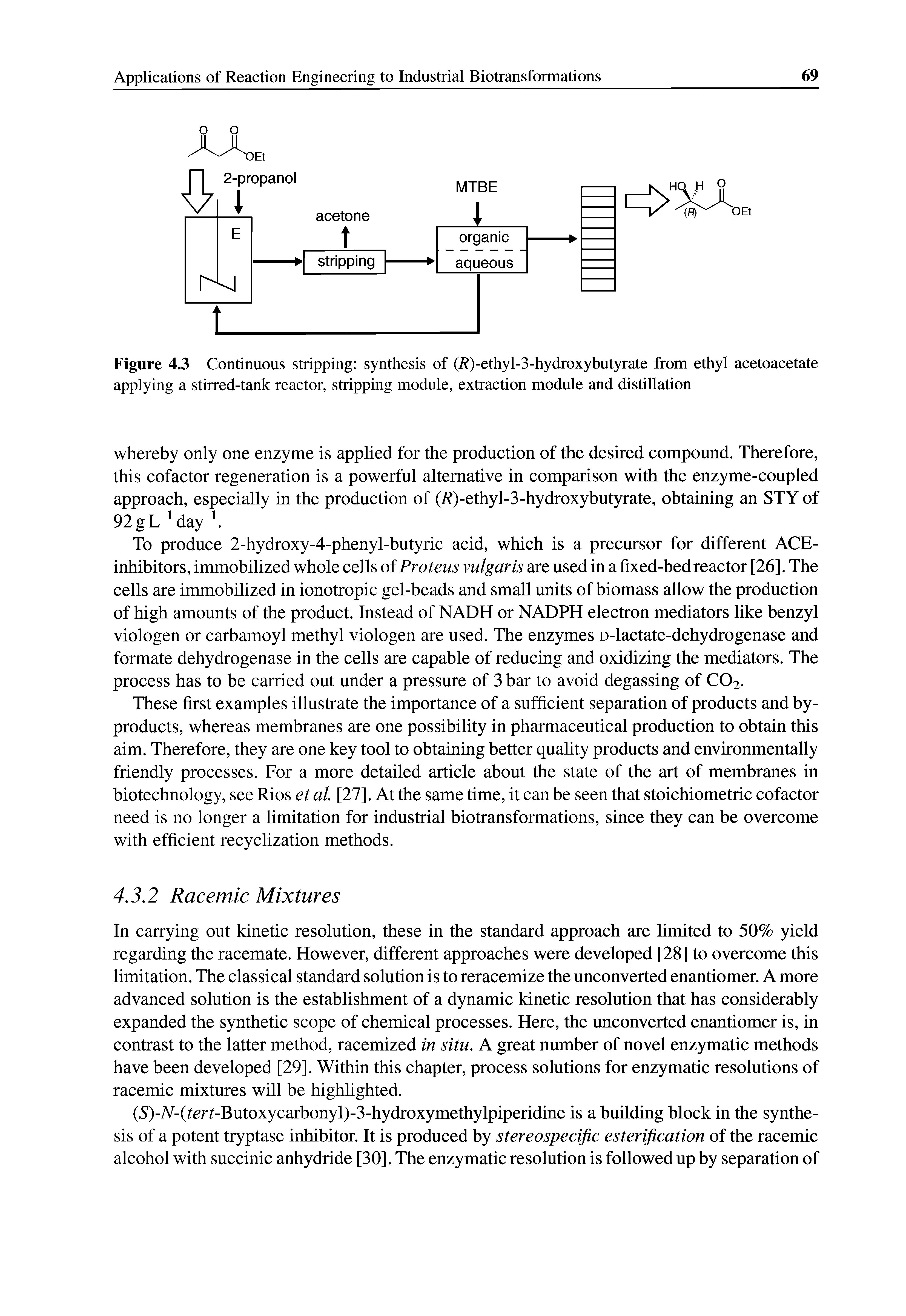 Figure 4.3 Continuous stripping synthesis of (R)-ethyl-3-hydroxybutyrate from ethyl acetoacetate applying a stirred-tank reactor, stripping module, extraction module and distillation...