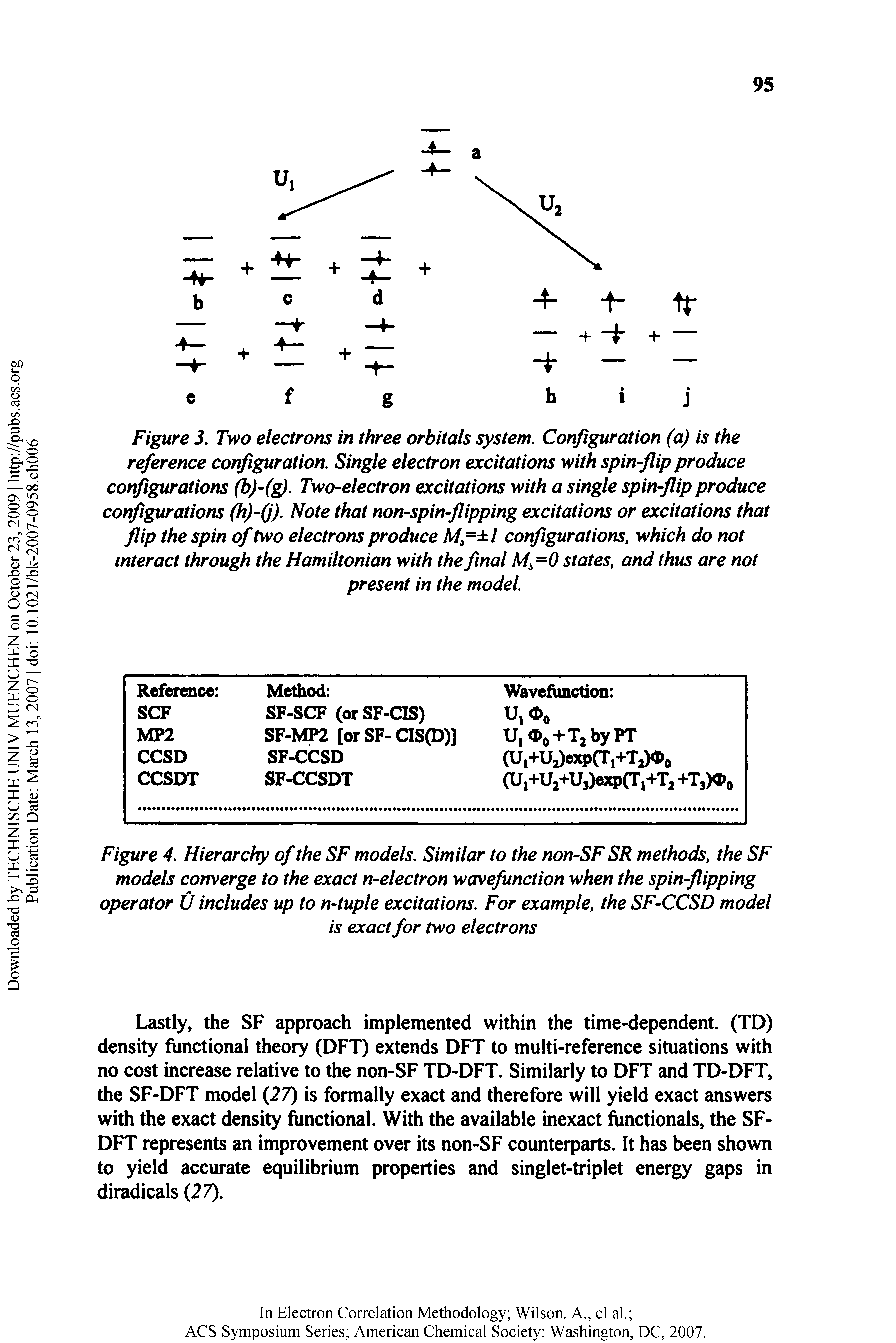 Figure 3. Two electrons in three orbitals system. Configuration (a) is the reference configuration. Single electron excitations with spin-flip produce configurations (bf(g). Two-electron excitations with a single spin-flip produce configurations (h)-(j). Note that non-spin-flipping excitations or excitations that flip the spin of two electrons produce M = l configurations, which do not interact through the Hamiltonian with the final M =0 states, and thus are not...