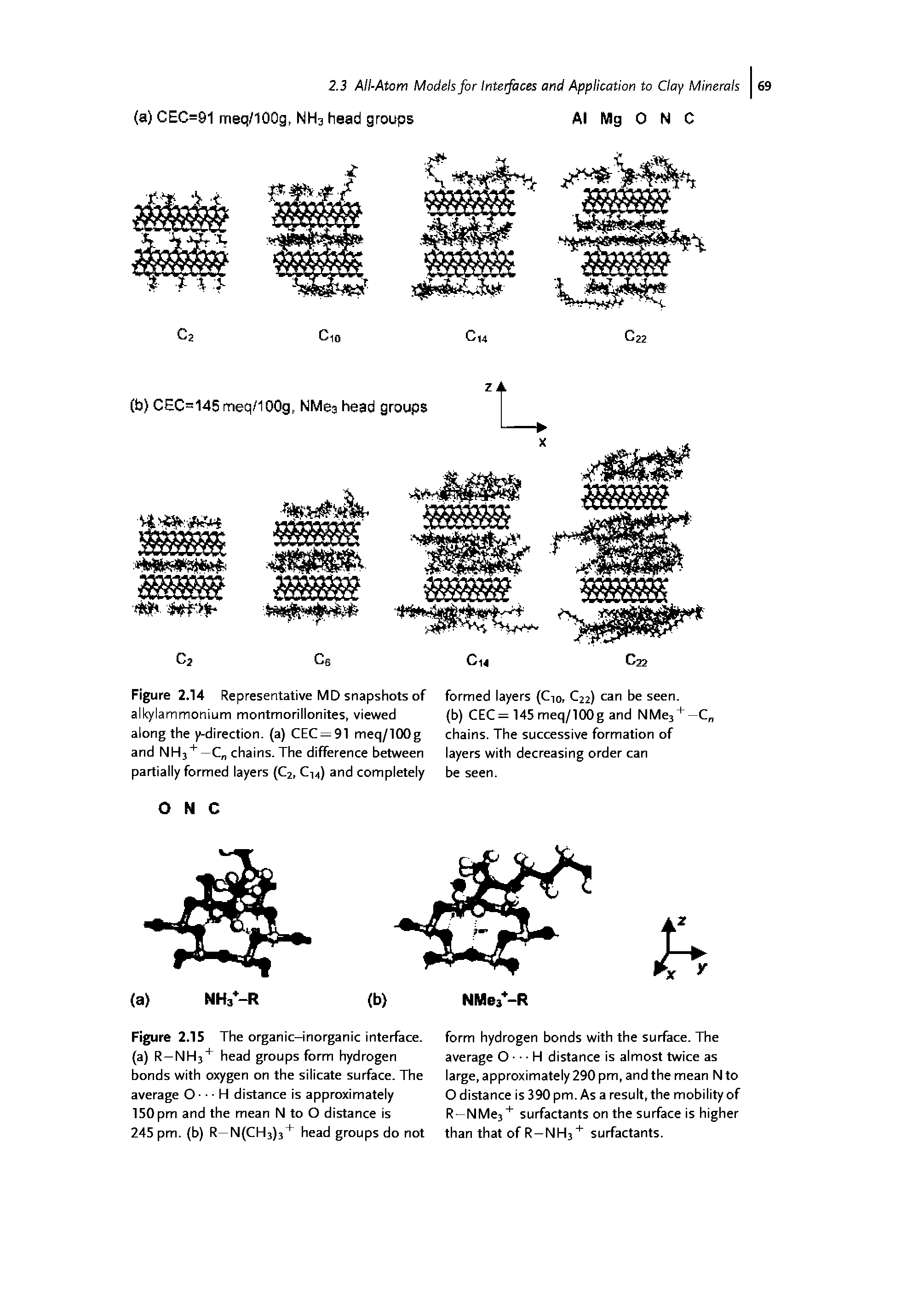 Figure 2.15 The organic-inorganic interface, (a) R—NH3" " head groups form hydrogen bonds with oxygen on the silicate surface. The average O - H distance is approximately 150 pm and the mean N to O distance is 245 pm. (b) R—N(CH3)3" head groups do not...