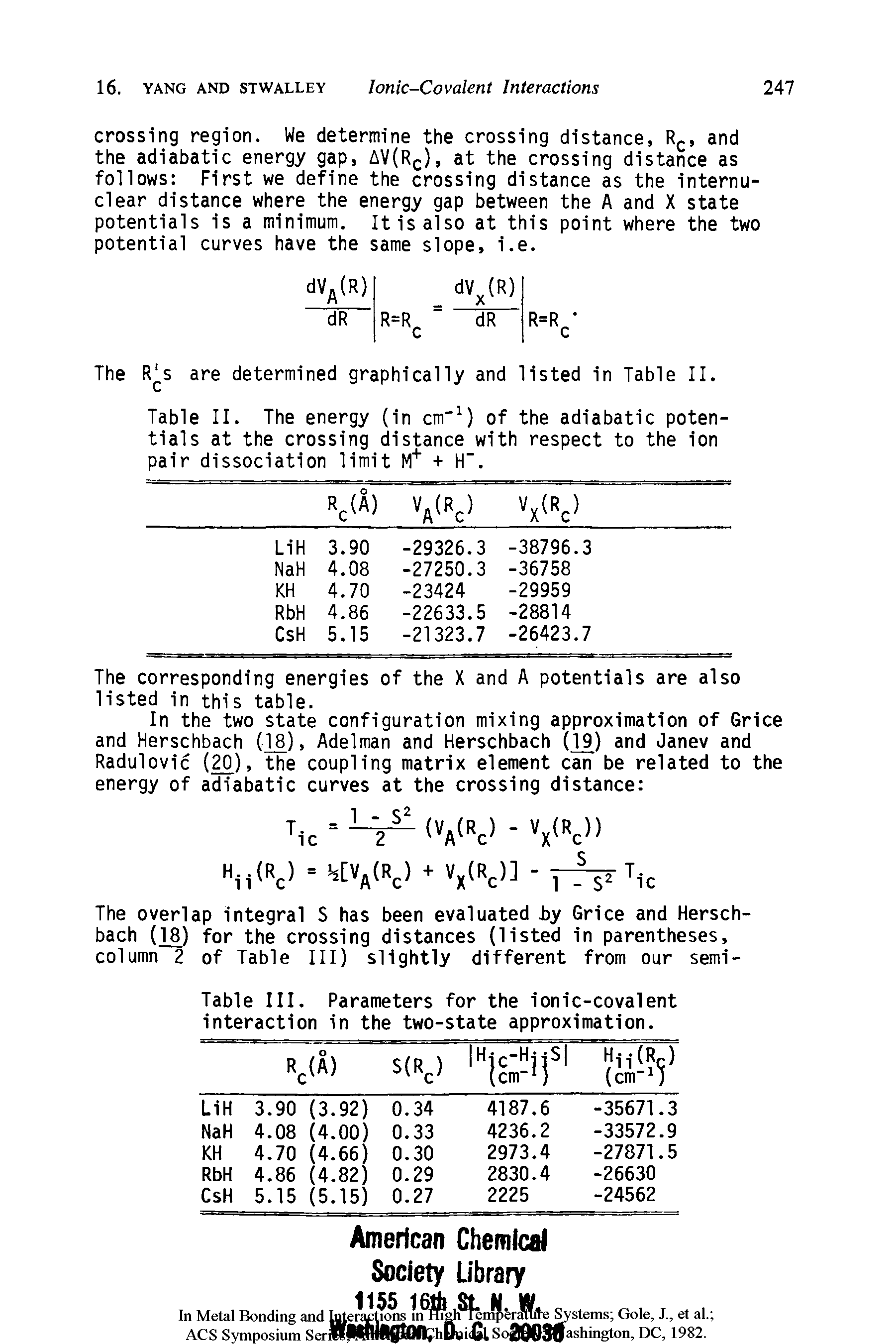 Table III. Parameters for the ionic-covalent interaction in the two-state approximation.