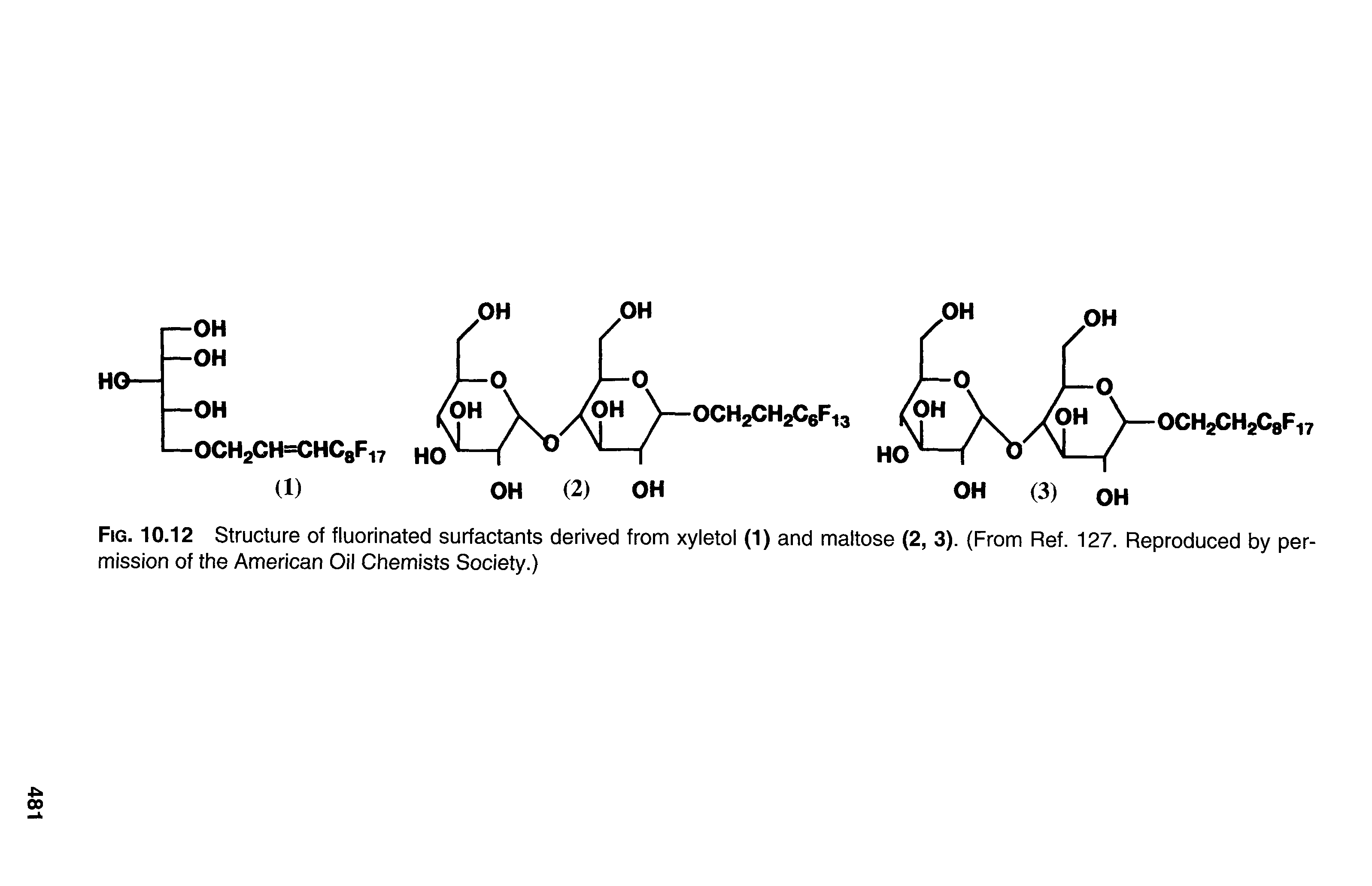 Fig. 10.12 Structure of fluorinated surfactants derived from xyletol (1) and maltose (2, 3). (From Ref. 127. Reproduced by permission of the American Oil Chemists Society.)...