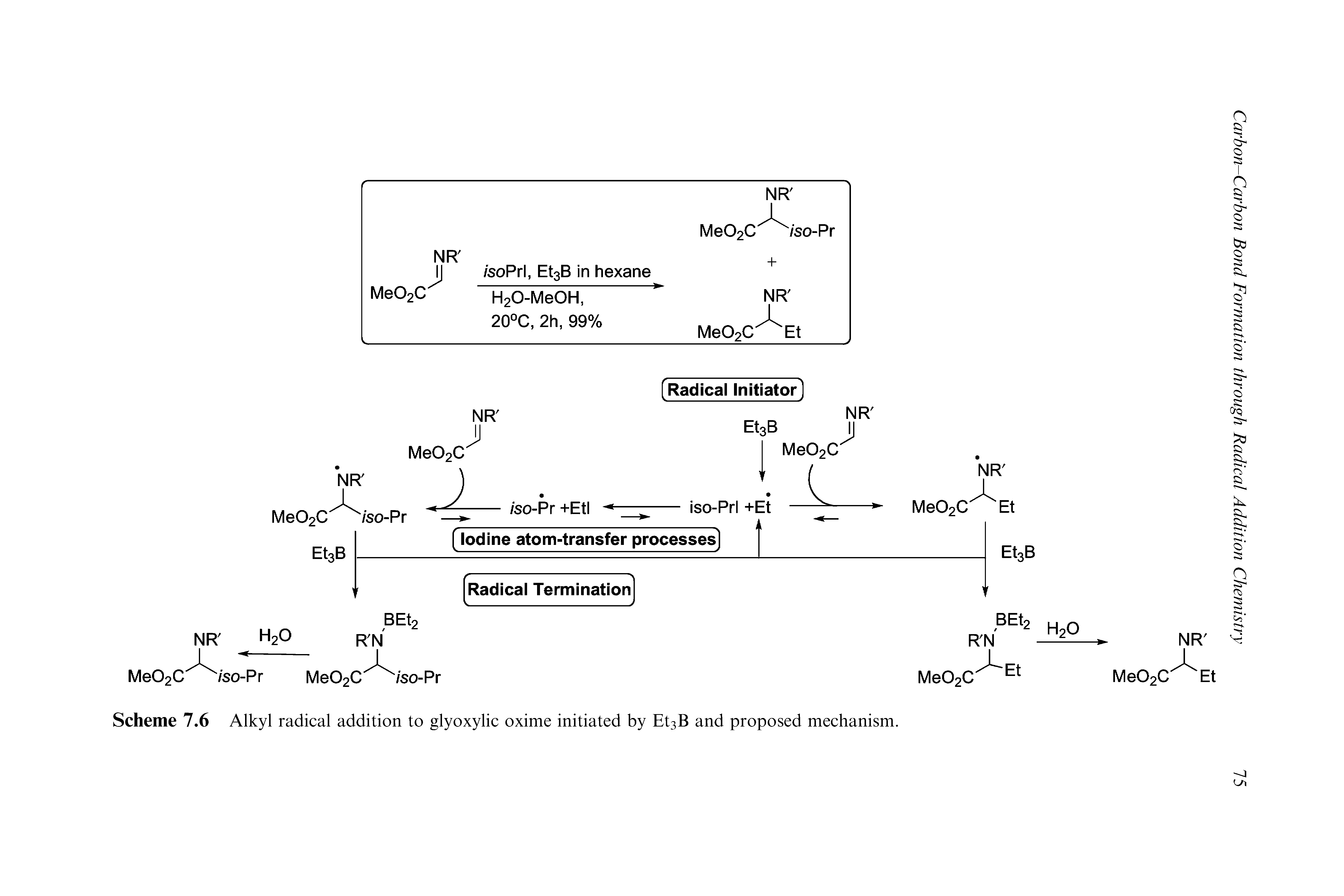 Scheme 7.6 Alkyl radical addition to glyoxylic oxime initiated by Et3B and proposed mechanism.