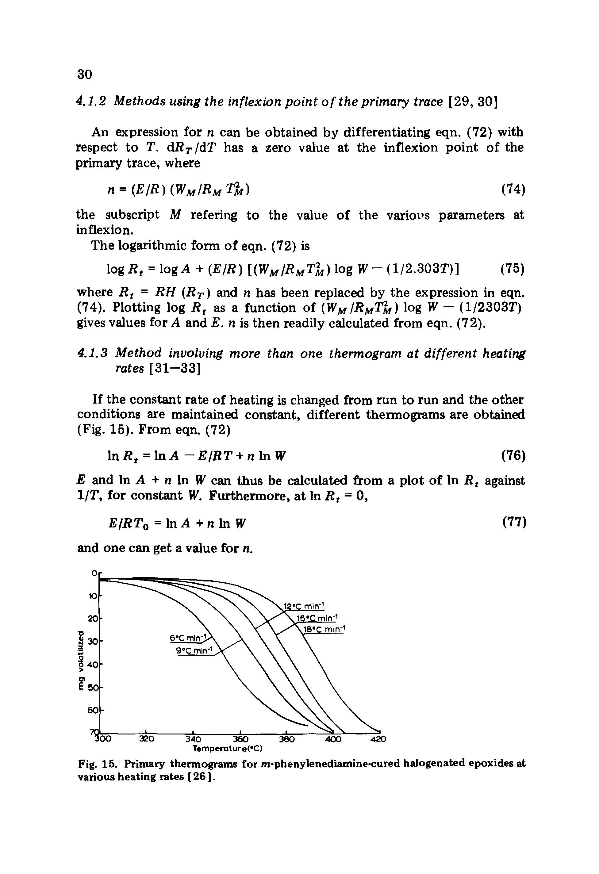Fig. 15. Primary thermograms for m-phenylenediamine-cured halogenated epoxides at various heating rates (26 ].