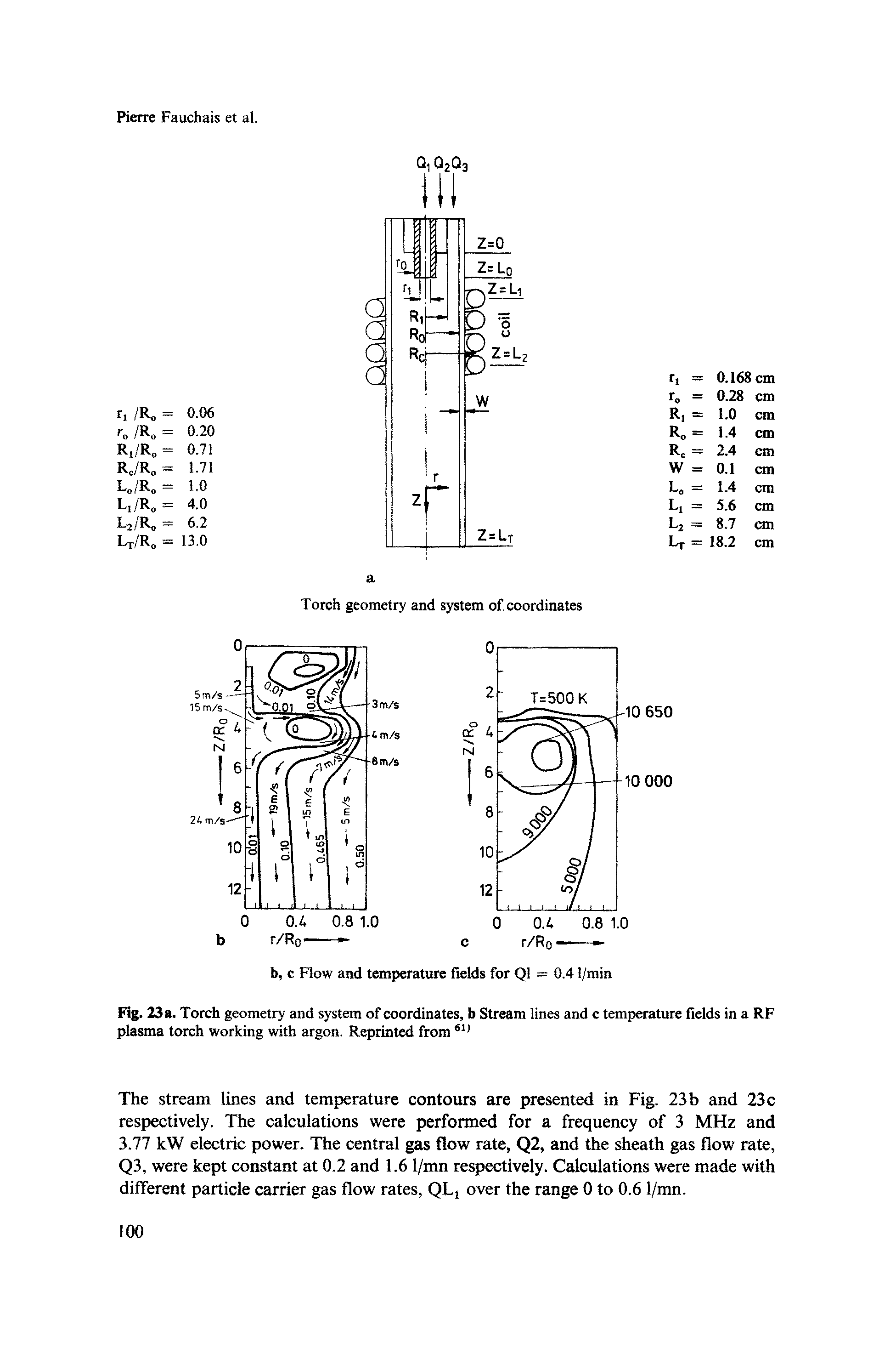 Fig. 23a. Torch geometry and system of coordinates, b Stream lines and c temperature fields in a RF plasma torch working with argon. Reprinted from...