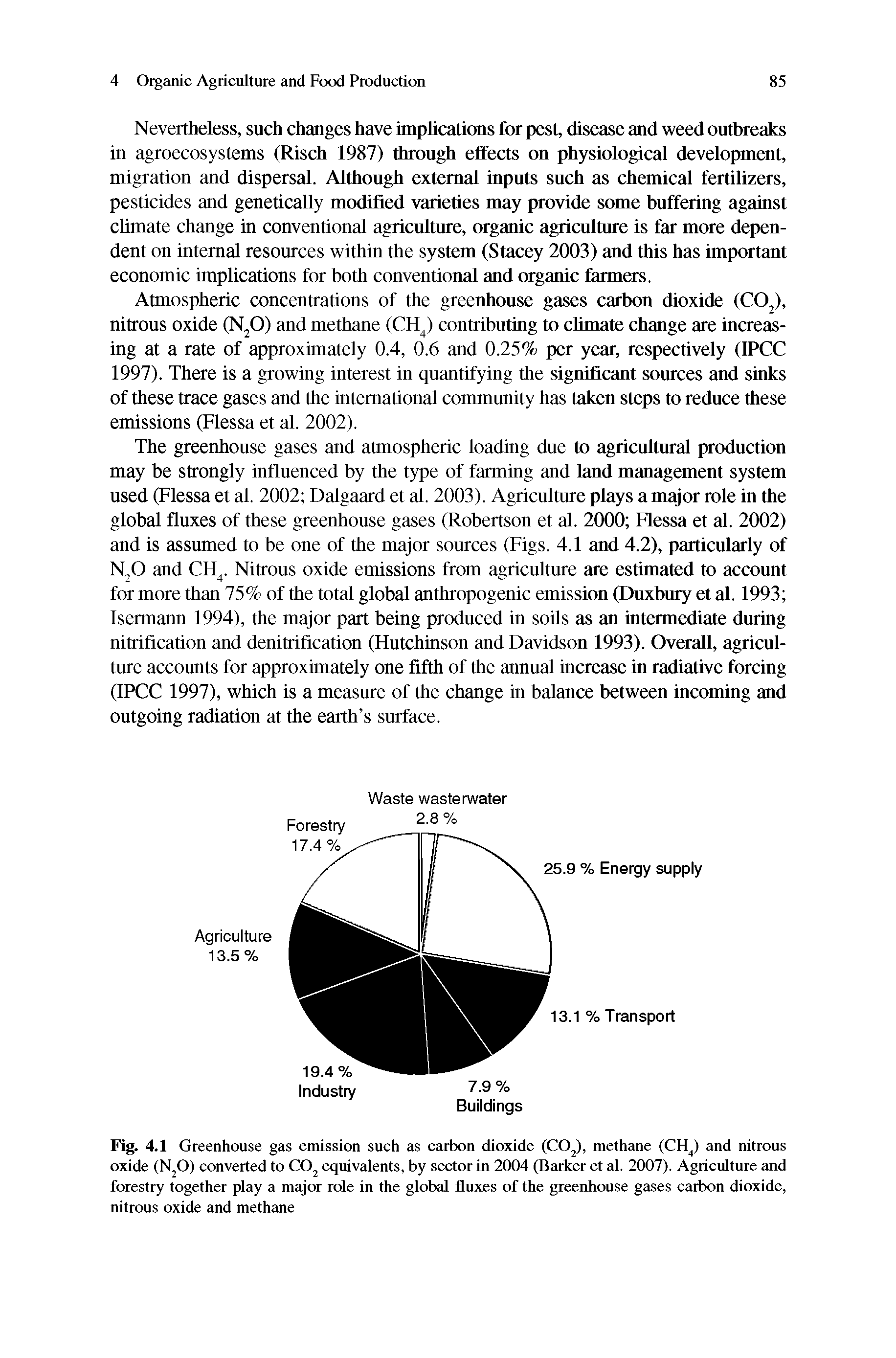 Fig. 4.1 Greenhouse gas emission such as carbon dioxide (C02), methane (CH4) and nitrous oxide (N20) converted to C02 equivalents, by sector in 2004 (Barker et al. 2007). Agriculture and forestry together play a major role in the global fluxes of the greenhouse gases carbon dioxide, nitrous oxide and methane...