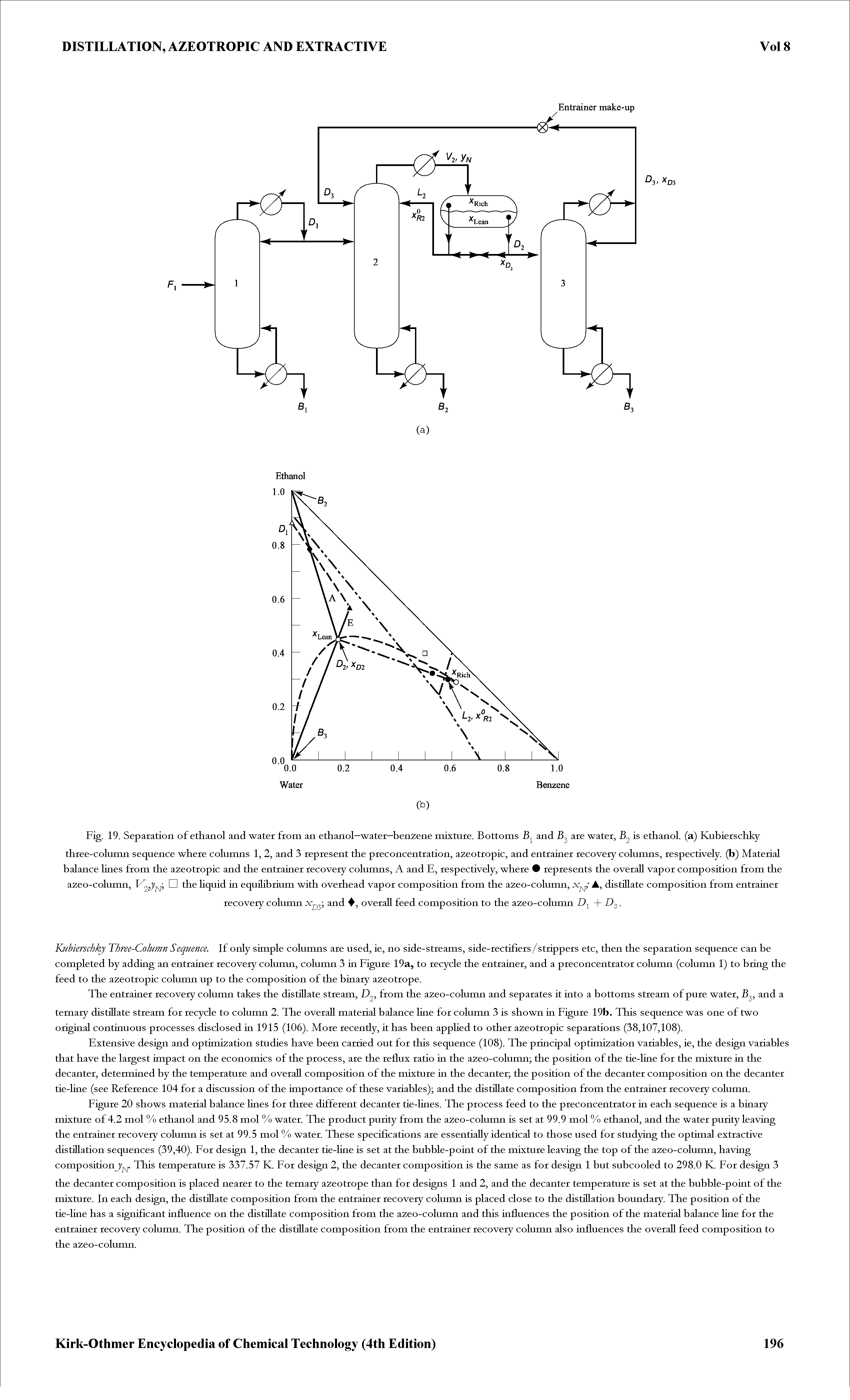 Fig. 19. Separation of ethanol and water from an ethanol—water—benzene mixture. Bottoms and are water, B is ethanol, (a) Kubierschky three-column sequence where columns 1, 2, and 3 represent the preconcentration, azeotropic, and entrainer recovery columns, respectively, (b) Material balance lines from the azeotropic and the entrainer recovery columns, A and E, respectively, where represents the overall vapor composition from the azeo-column, 2 1SP Hquid in equiUbrium with overhead vapor composition from the azeo-column, Xj, distillate composition from entrainer...