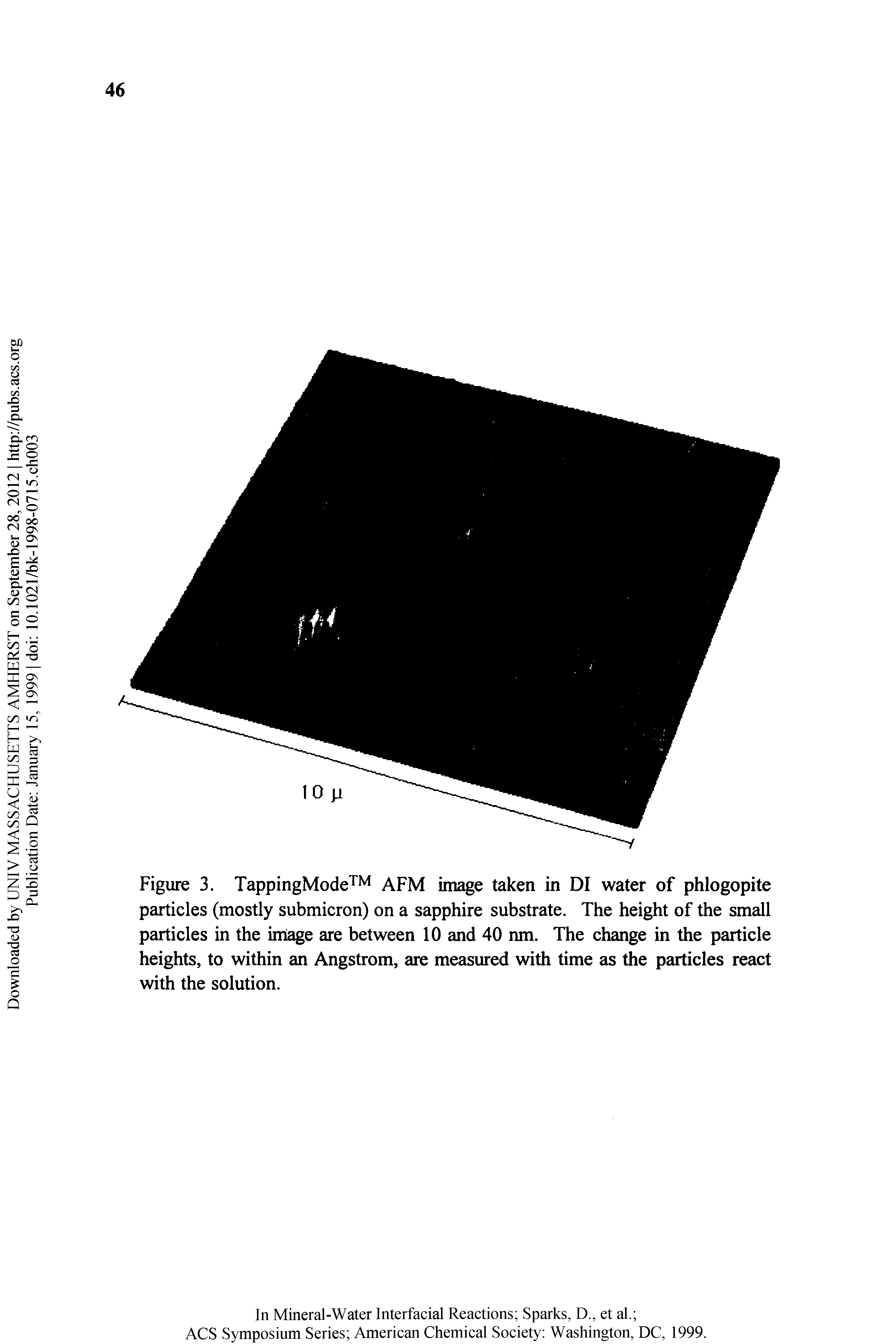 Figure 3. TappingMode AFM image taken in DI water of phlogopite particles (mostly submicron) on a sapphire substrate. The height of the small particles in the image are between 10 and 40 nm. The change in the particle heights, to within an Angstrom, are measured with time as the particles react with the solution.