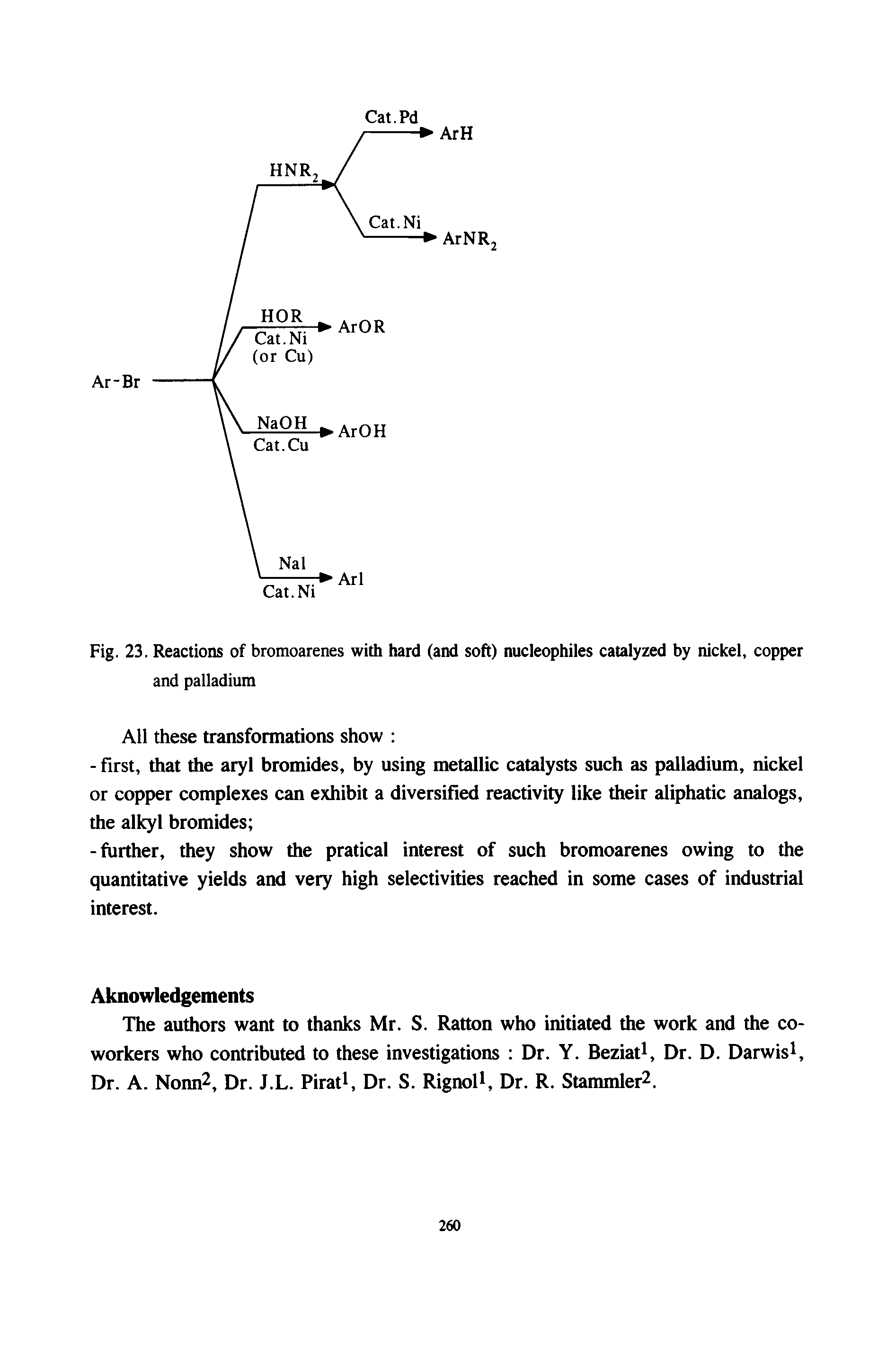 Fig. 23. Reactions of bromoarenes with hard (and soft) nucleophiles catalyzed by nickel, copper and palladium...