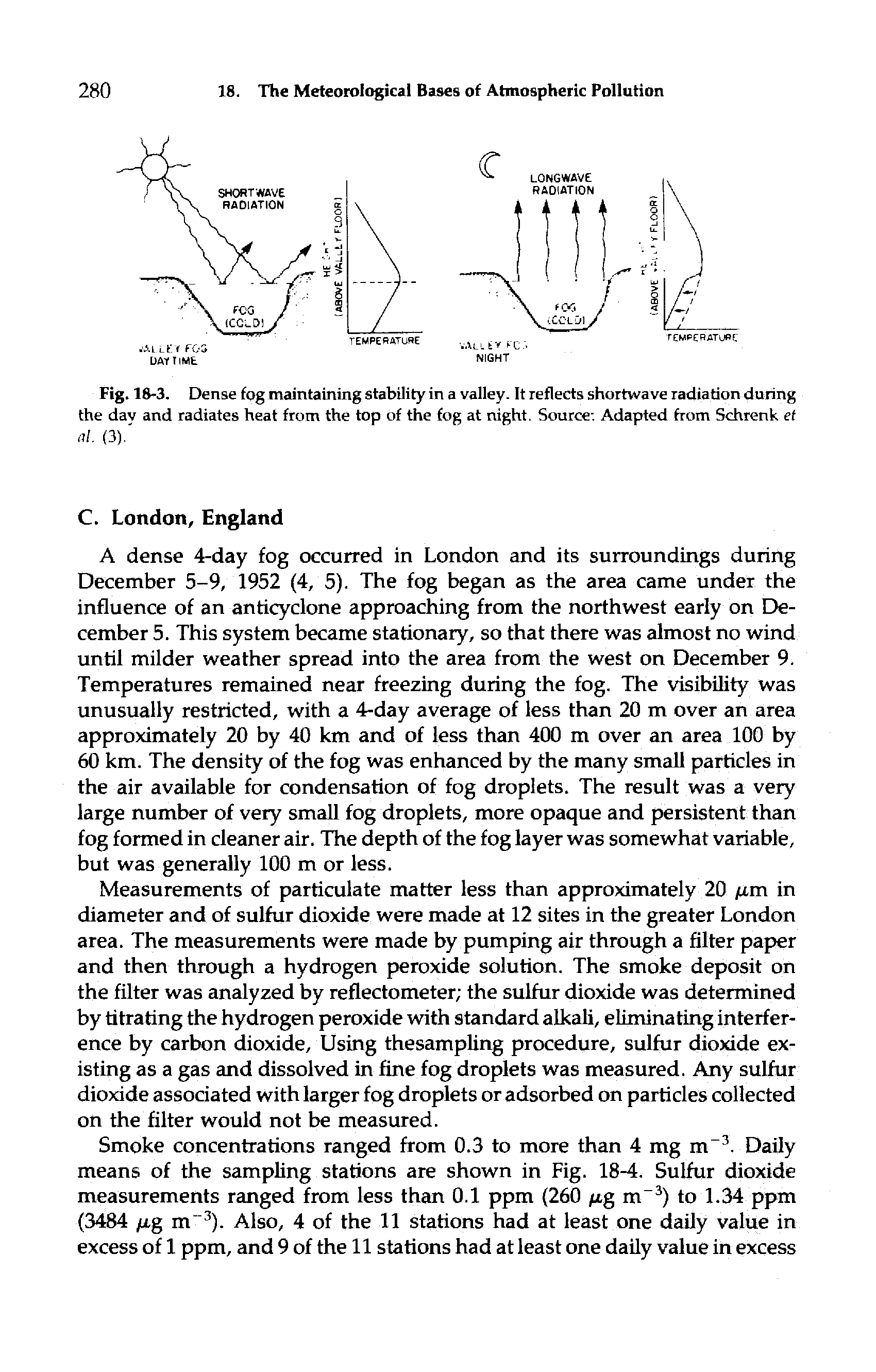 Fig. 18-3. Dense fog maintaining stability in a valley. It reflects shortwave radiation during the dav and radiates heat from the top of the fog at night. Source Adapted from Schrenk et...